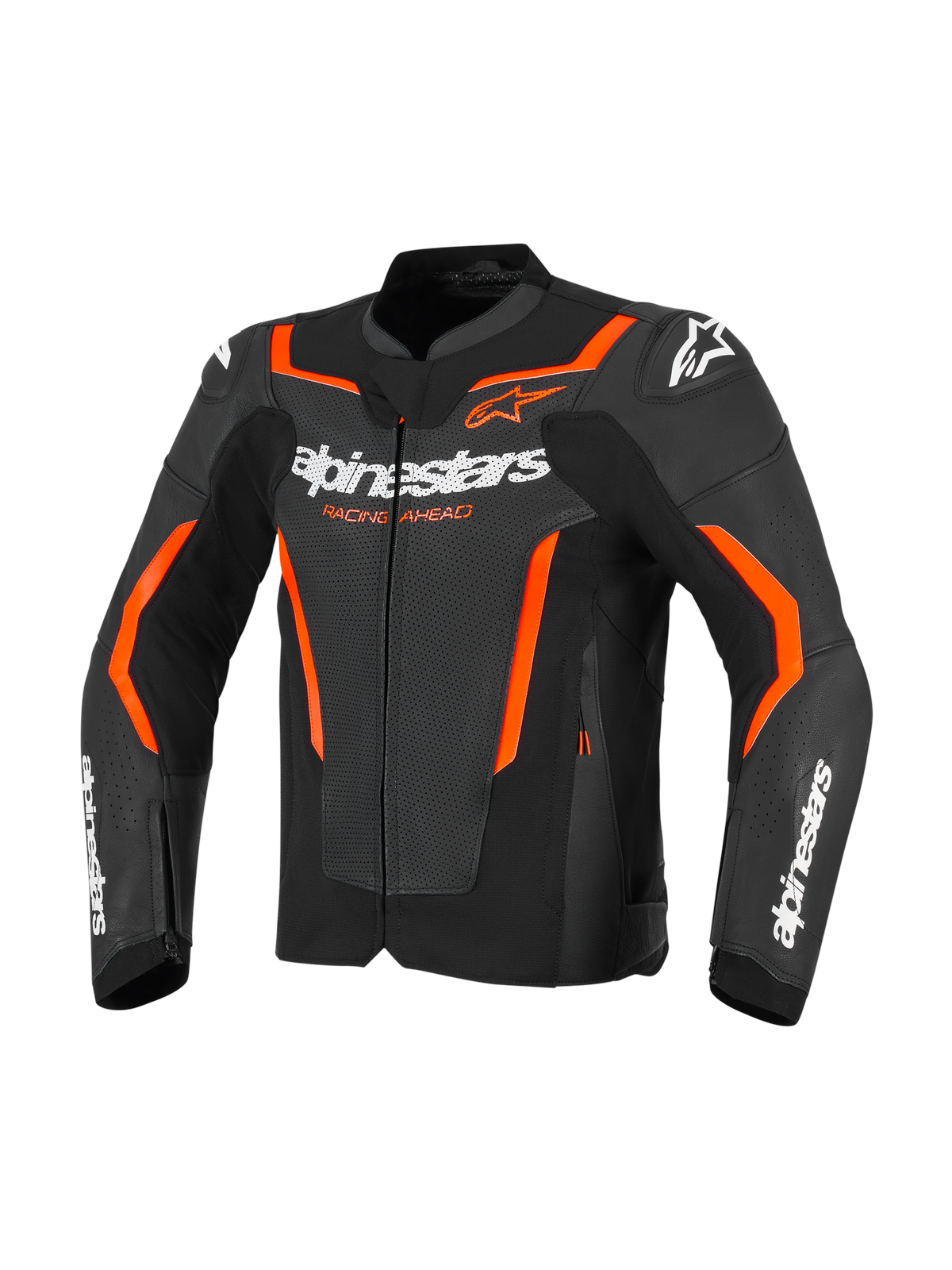 Alpinestars GP Force V2 Air läderjacka, svart och röd fluo, perforerad motorcykeljacka i läder med vit Alpinestars-logotyp på bröstet och ärmarna, klarorangea detaljer och integrerade axelskydd, sedd framifrån.