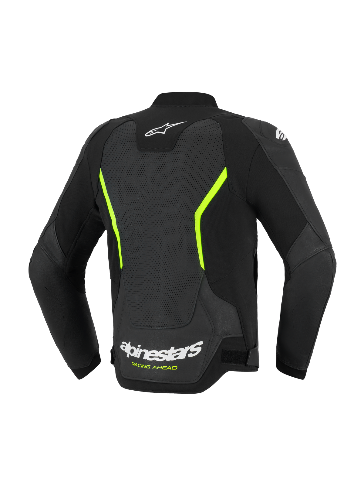 Alpinestars GP Force V2 Air läderjacka, motorcykeljacka, svart och fluorescerande gul, vy bakifrån som visar stora perforerade läderpaneler, vita Alpinestars-logotyper, livfulla gula detaljer och sportig passform