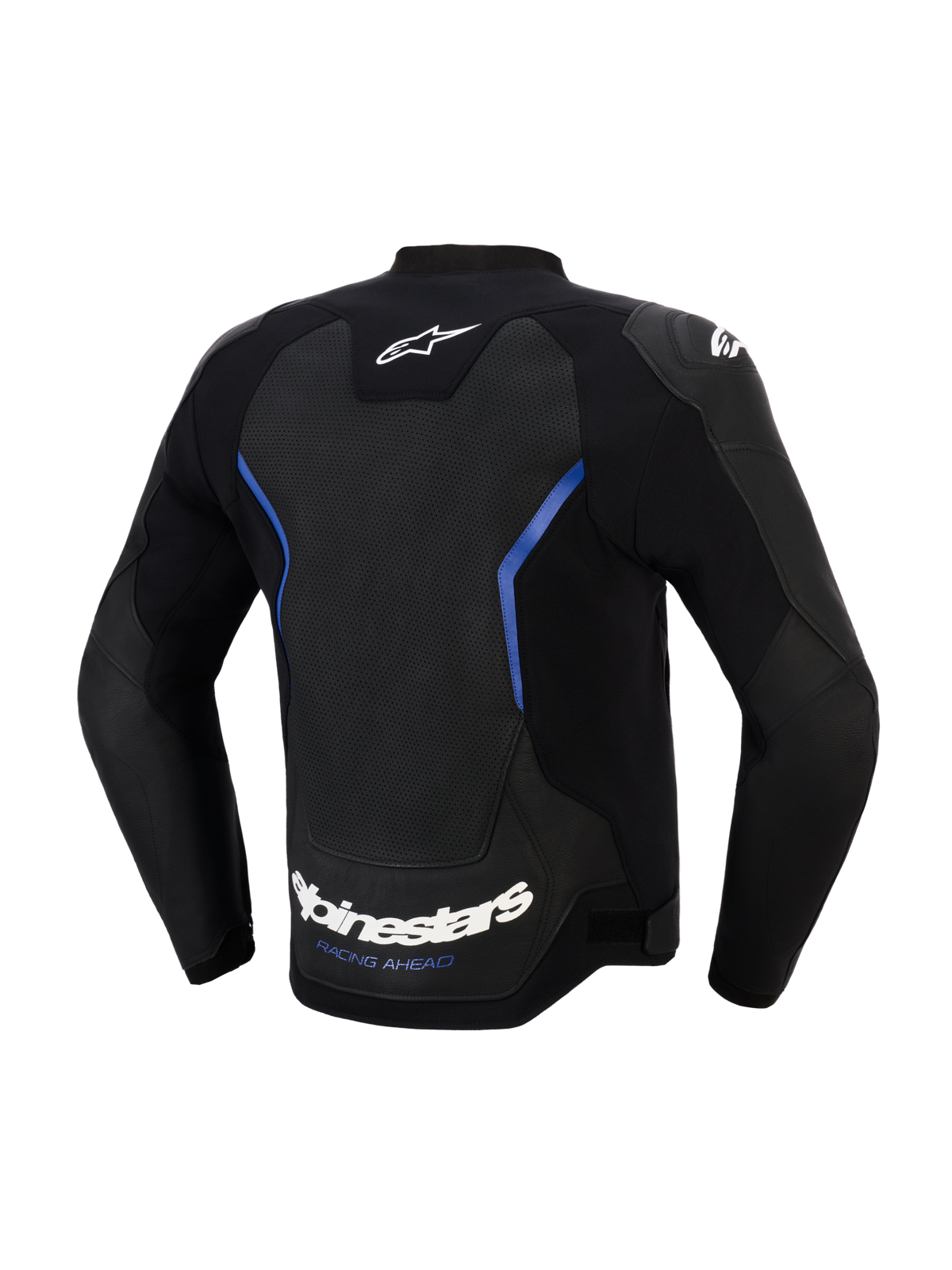 Alpinestars GP Force V2 Airflow läderjacka, vy bakifrån, svart och metallicblå, stor perforerad läderpanel på ryggen för ventilation, vit Alpinestars-logotyp och 'RACING AHEAD'-slogan vid nederkanten, professionell sportkörningsutrustning