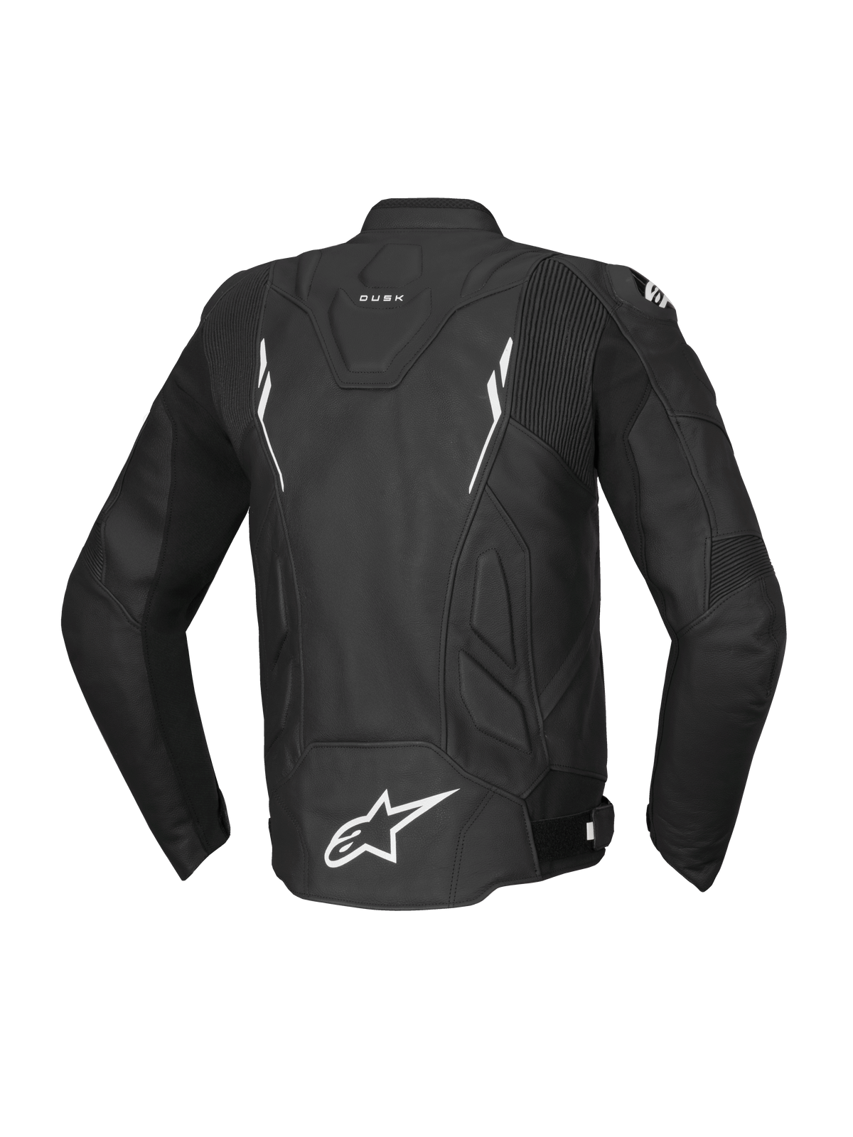 Alpinestars Dusk skinnjacka, svart och vit motorcykeljacka för herrar i nötläder, vy bakifrån, Tech-Air Ready.