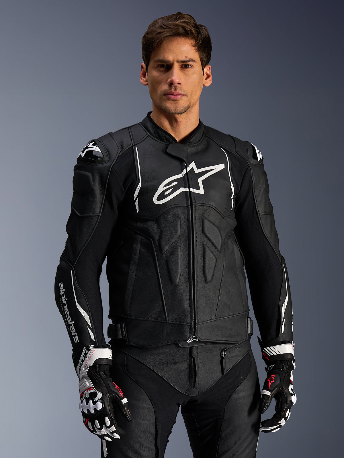Alpinestars Dusk skinnjacka, svart och vit motorcykeljacka i läder för herr, Tech-Air Ready, racingdesign.