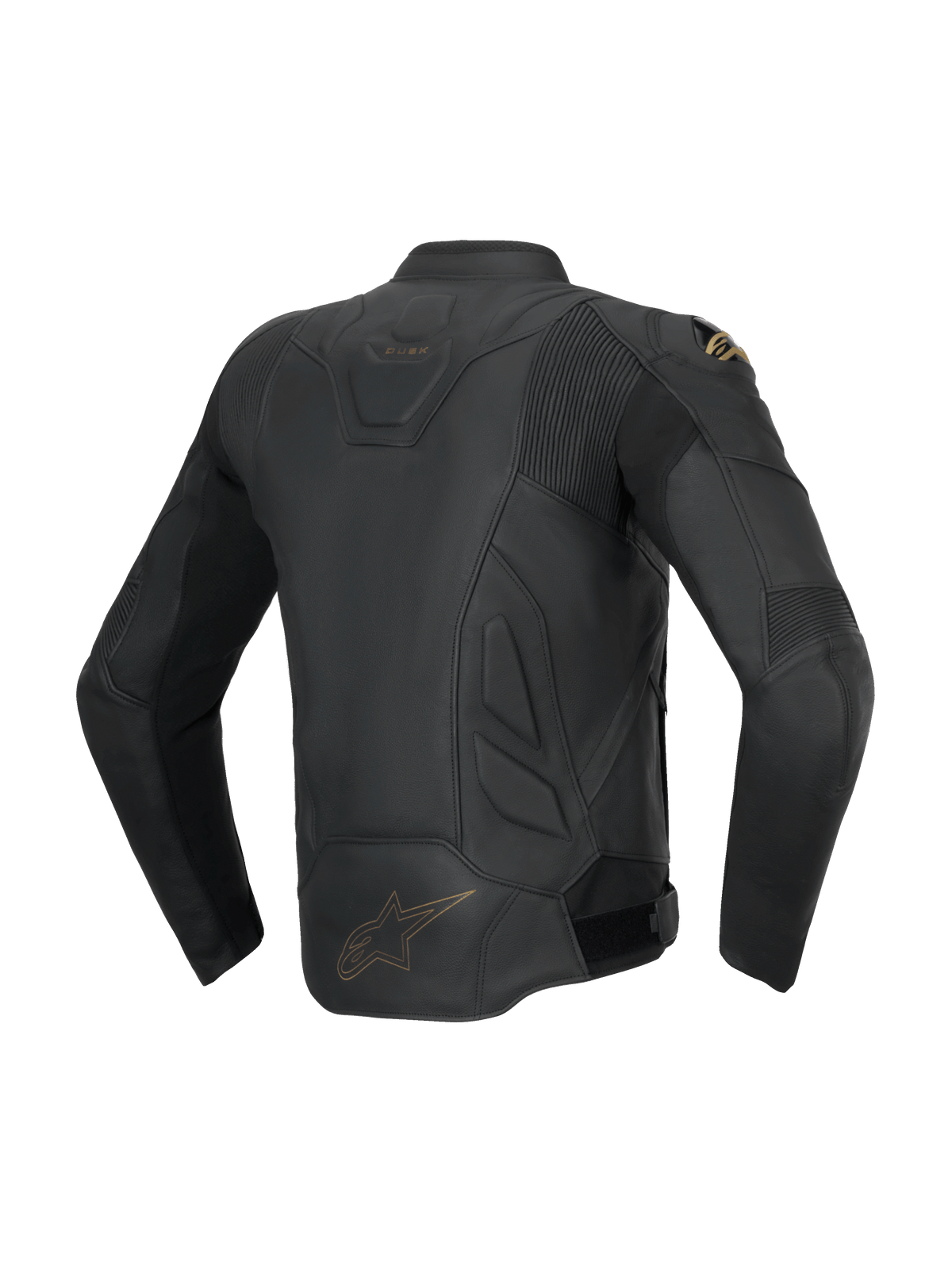 Alpinestars Dusk läderjacka för herrar, svart sportig MC-jacka i nötläder sedd bakifrån med dragspelspaneler.