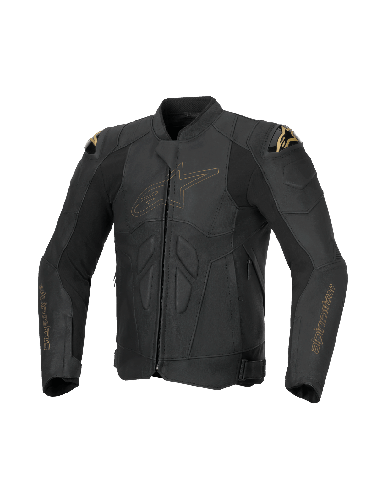 Alpinestars Dusk läderjacka, racingmotorcykeljacka för herr, svart med gulddetaljer, nötläder och DFS-axelskydd.