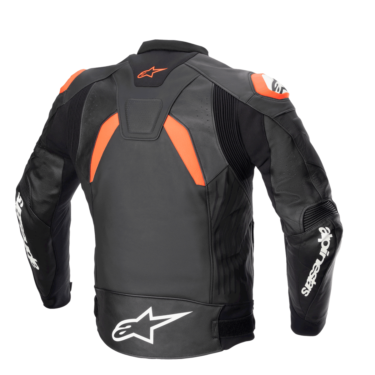 Alpinestars GP Plus V4 läderjacka, svart, röd fluo och vit, baksida som visar stretchpaneler och axelsliders, tydliga vita Alpinestars-logotyper på ärmar och midja, racinginspirerad sportig siluett
