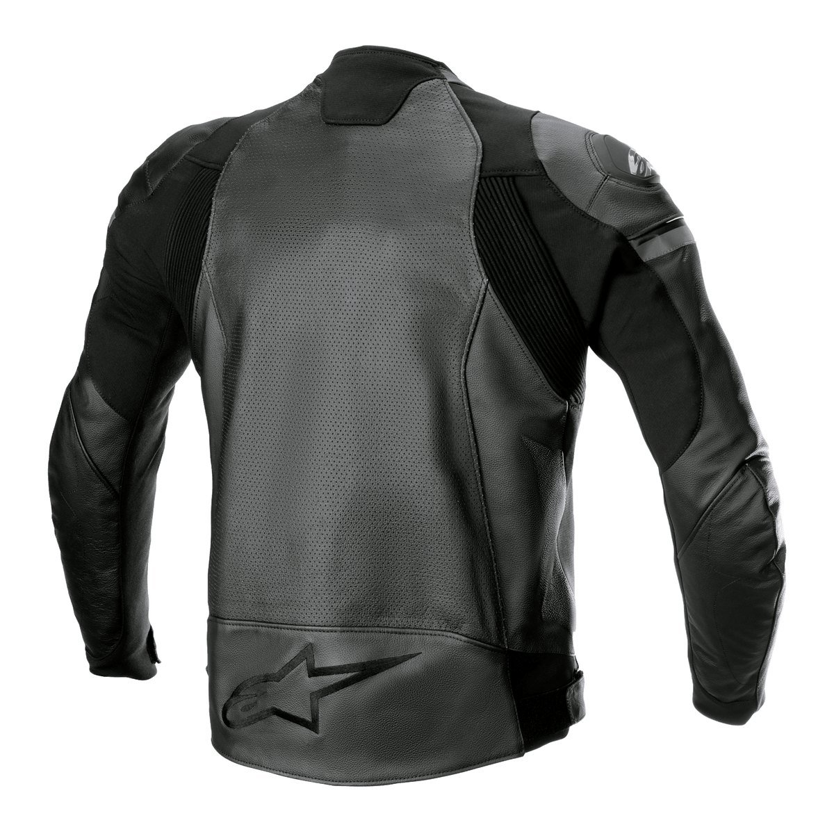 Alpinestars GP Force Airflow Leather Jacket, Black, Rear view featuring perforated buffalo leather panels, accordion stretch inserts, and large embossed star logo on the lower back, sport motorcycle racing gear