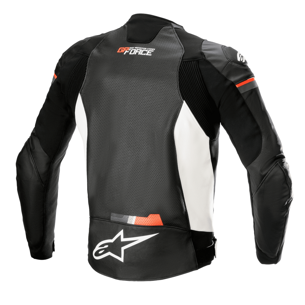 Alpinestars GP Force Airflow skinnjacka, vy bakifrån, svart, vit och röd fluo, perforerad ryggpanel i läder för ventilation, dragspelsformade stretchpaneler på axlar och sidor, vit Alpinestars-logotyp på nedre ryggen, GP Force-logotyp på övre ryggen, sportig motorcykelutrustning
