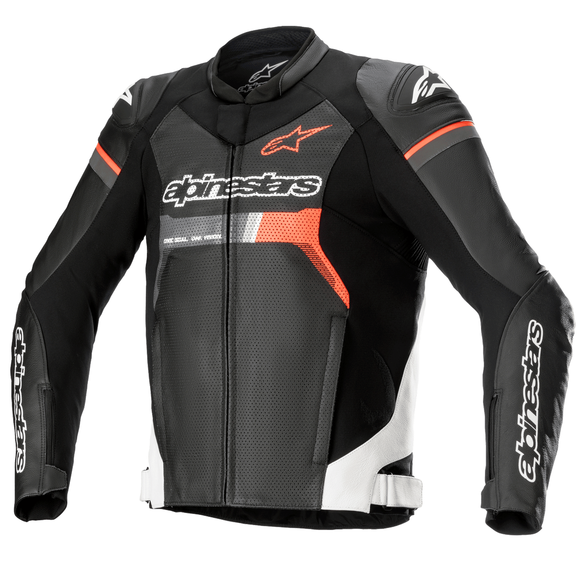Alpinestars GP Force Airflow läderjacka, svart med vita och Red Fluo-detaljer, perforerad motorcykelracingjacka i läder, utrustad med DFS Lite-axelskydd, Alpinestars-logotyper på bröst och ärmar, ventilerad sportdesign.