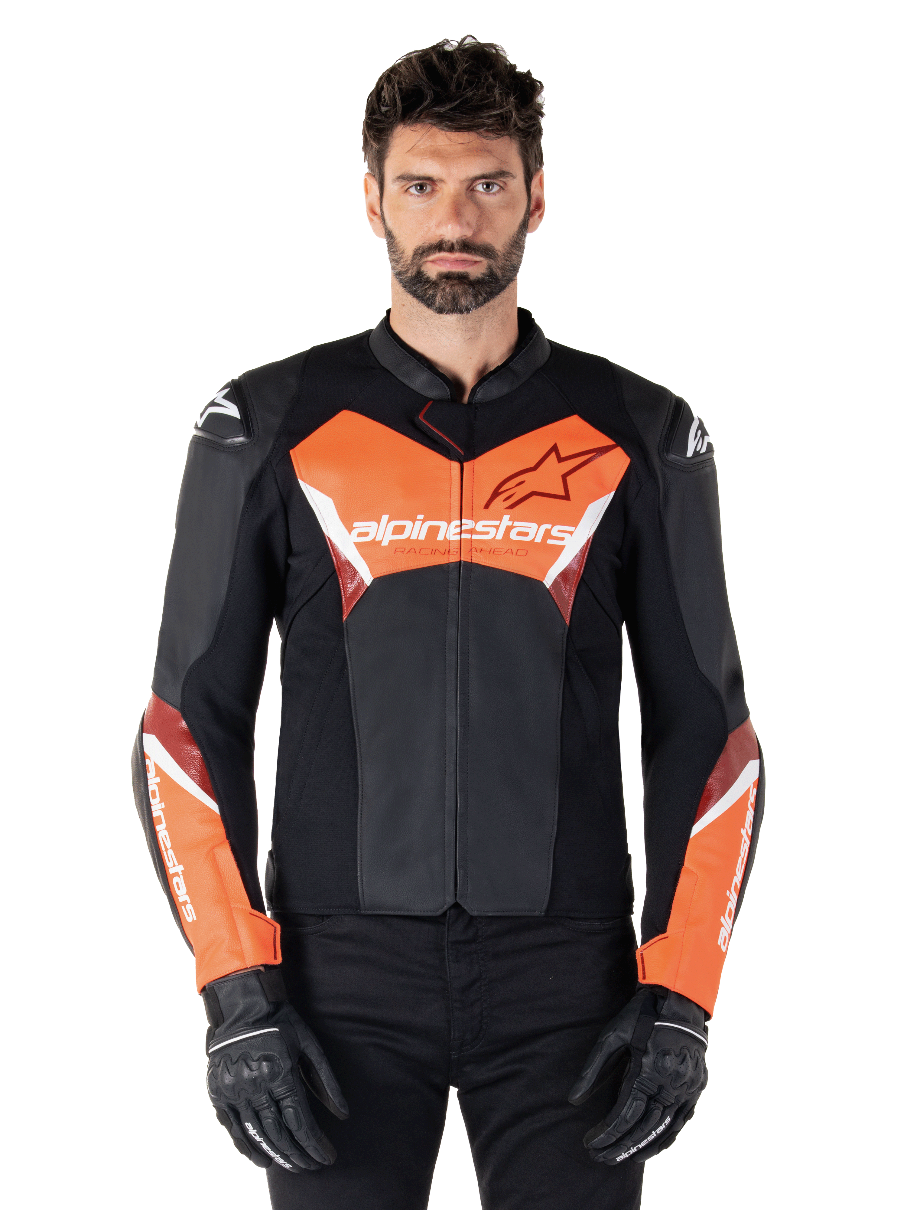 Alpinestars バイクレザージャケット 革　黒/オレンジ　Lサイズ Faster V3 - Black Motorcycle Jacket | Alpinestars®