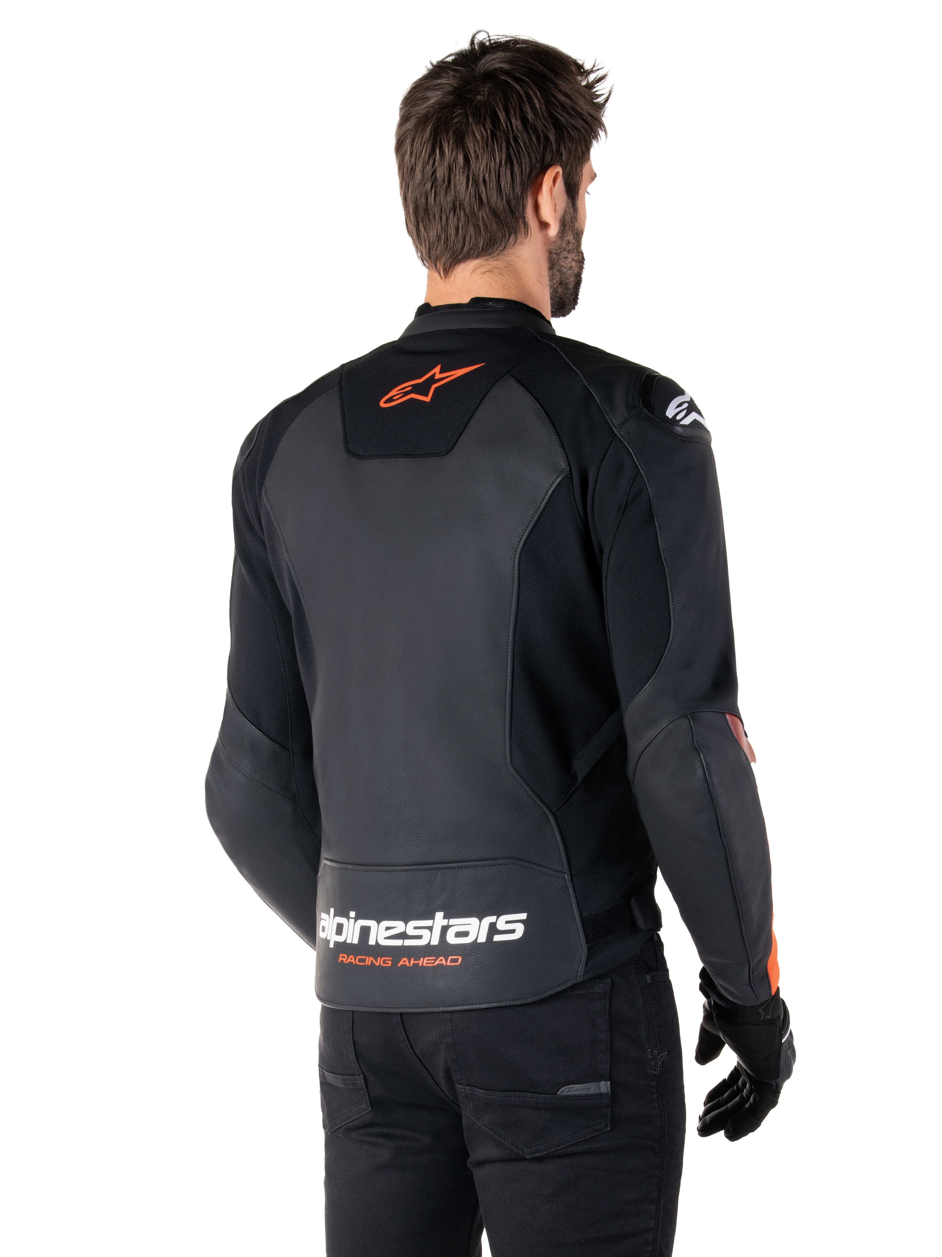 Alpinestars Faster V3 Leather Jacket, Sport Motorcycle Jacket, Black and Red Fluo, featuring premium leather construction, HRSF stretch panels, and DFS GP Lite shoulder protectors, sleek racing-derived design with technical details.