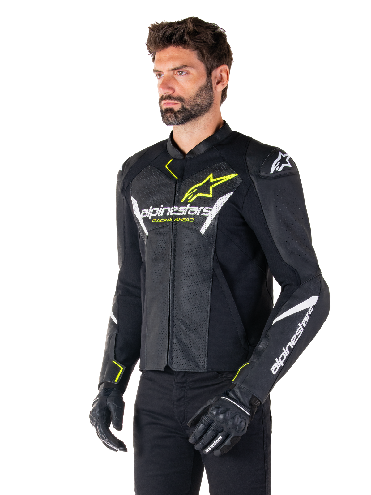 Alpinestars Faster V3 Airflow Leather Jacket, Sport Motorcycle Jacket, Black White and Yellow Fluo, worn by a man, featuring perforated leather for airflow, Alpinestars logos on chest and arms, paired with black gloves.