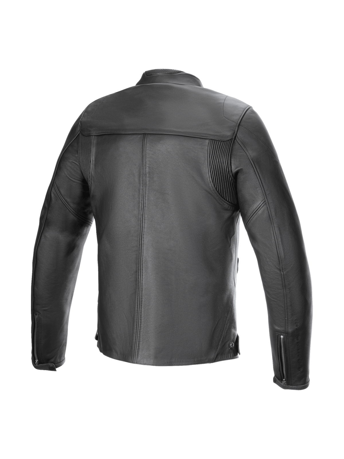 Alpinestars Blacktrack skinjacka, urban MC-jacka för herr, svart nötläder, vy bakifrån med dragspelsveck över skulderbladen för ökad rörlighet.