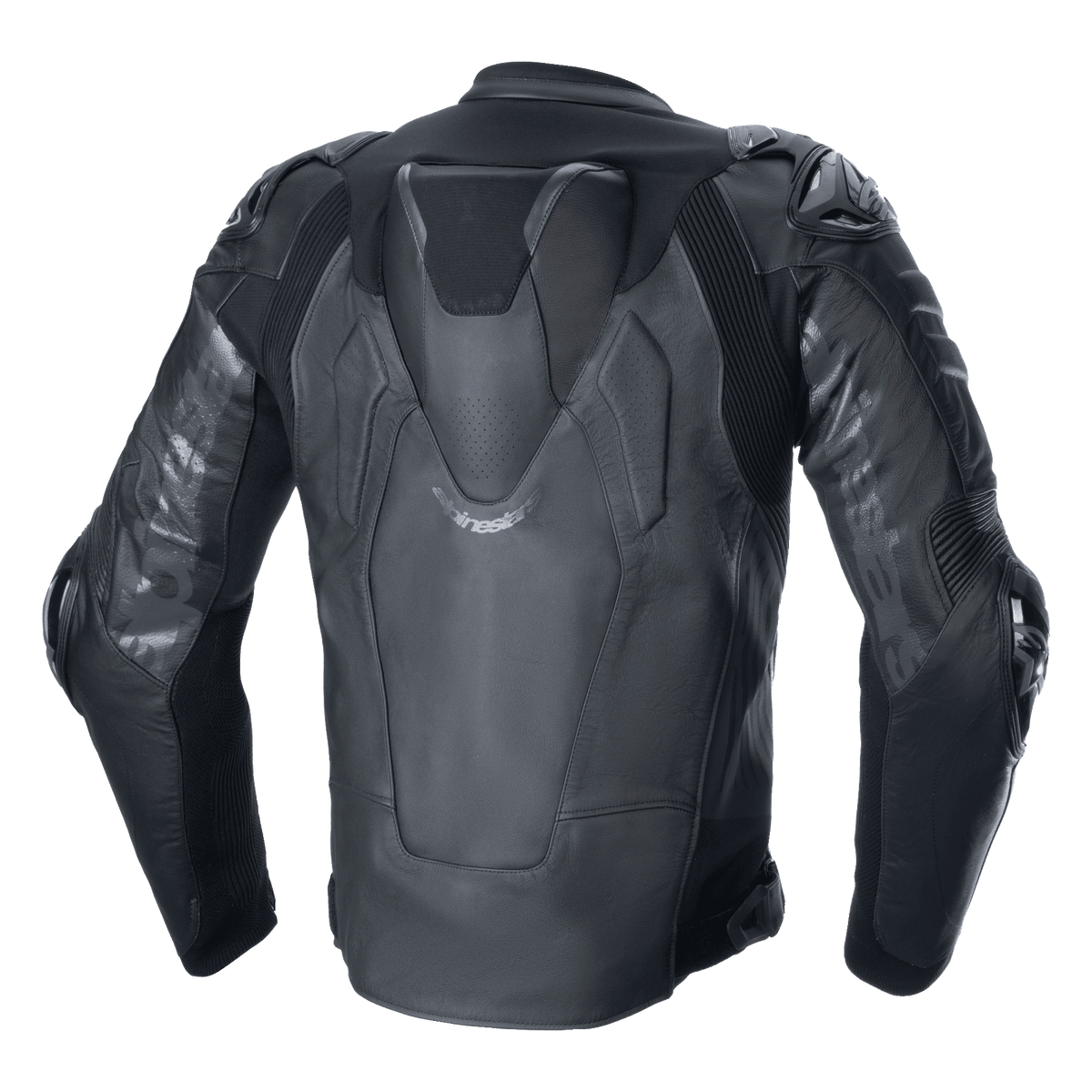 Alpinestars Atem V5 Leather Jacket, Motorcycle Racing Jacket, Black, Rear view showing aerodynamic speed hump, DFS RR shoulder and elbow protectors, technical leather construction with stretch panels and Alpinestars branding on sleeves