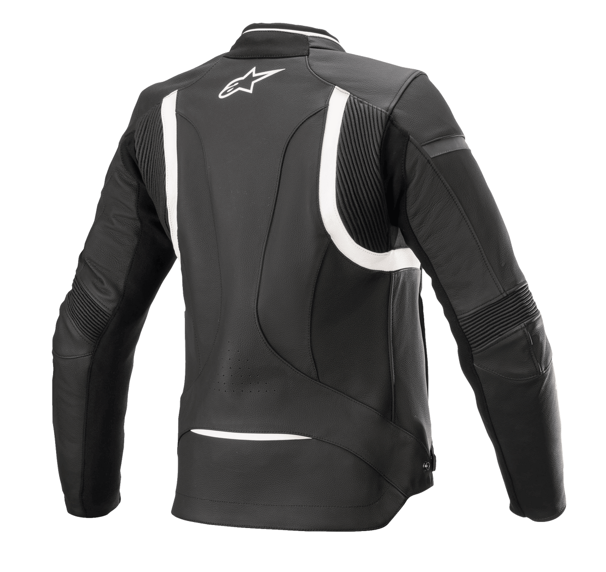 Alpinestars Stella Kira V2 läderjacka för dam, svart och vit, vy bakifrån som framhäver dragspelspaneler på ryggen och armbågarna, förlängt ryggparti för täckning vid körning, vit Alpinestars-logotyp på övre delen av ryggen, förstklassig konstruktion i nötläder.