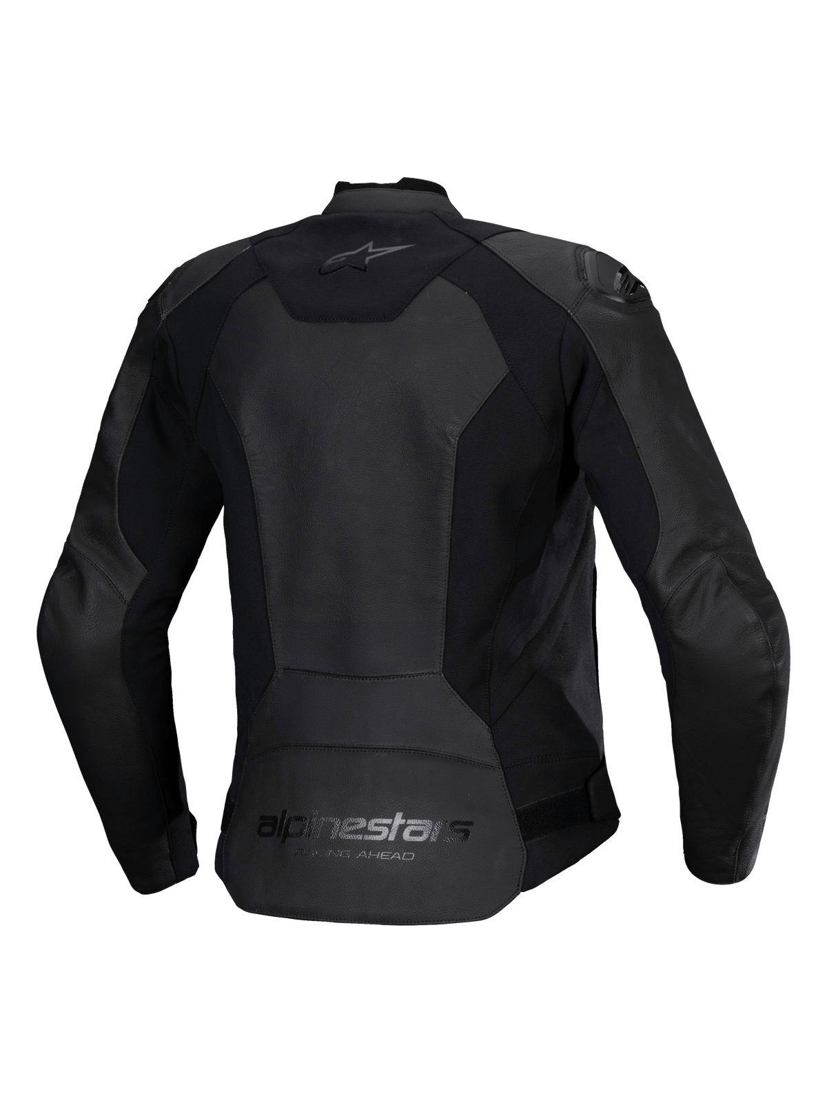 Alpinestars Woman Stella Faster V3 Leather Jacket, Women's Motorcycle Leather Jacket, Black, back view featuring Alpinestars branding on the upper and lower back, stretch panels for mobility, and a dropped tail for coverage.