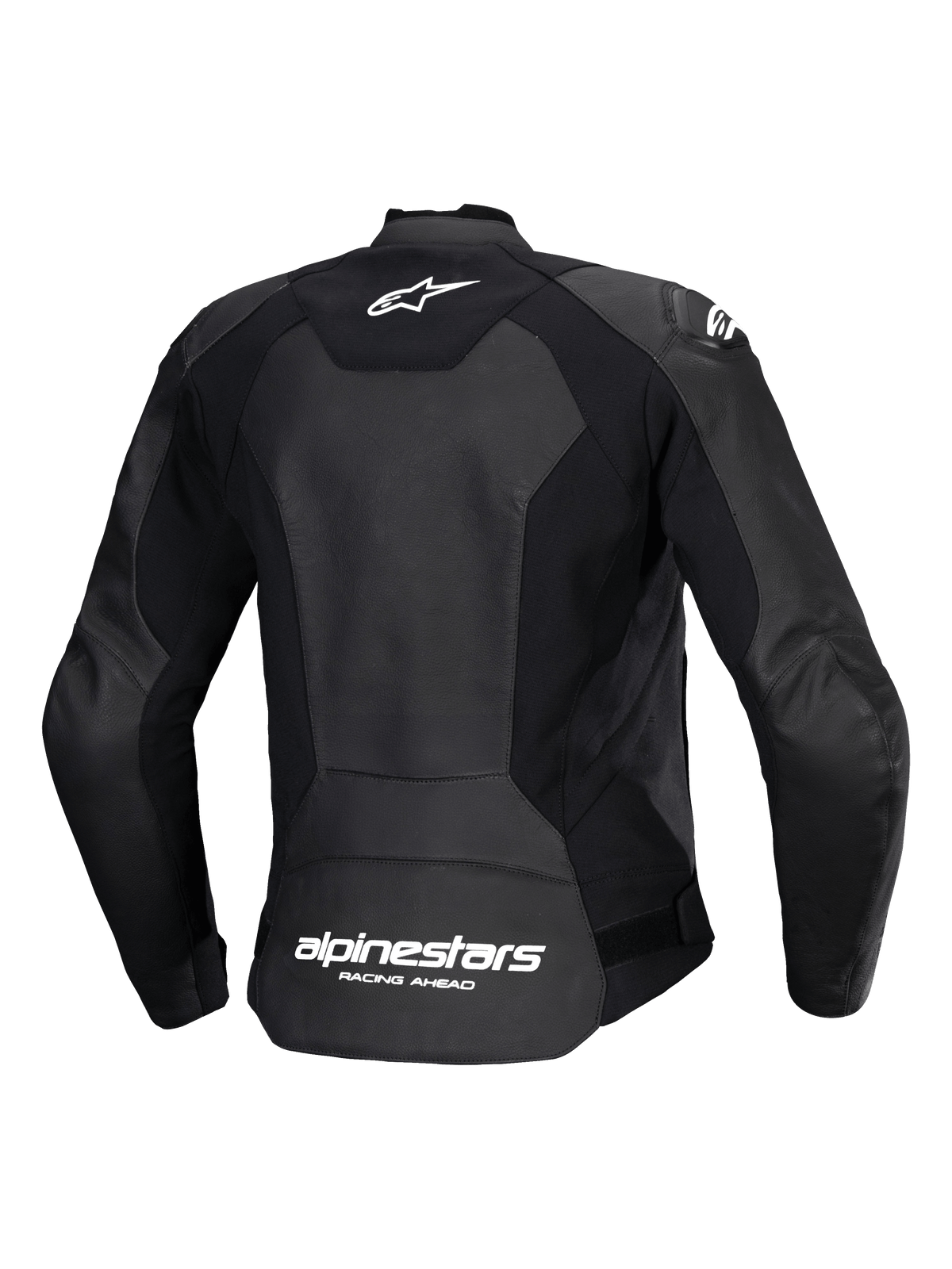 Alpinestars Stella Faster V3 skinnjacka, sportmotorcykeljacka för damer, svart och vit, vy bakifrån som visar konstruktion i flera paneler av läder och stretchmaterial, vit Alpinestars-logotyp på övre ryggen och märkning på nedre delen, smidig atletisk passform för sportig körning