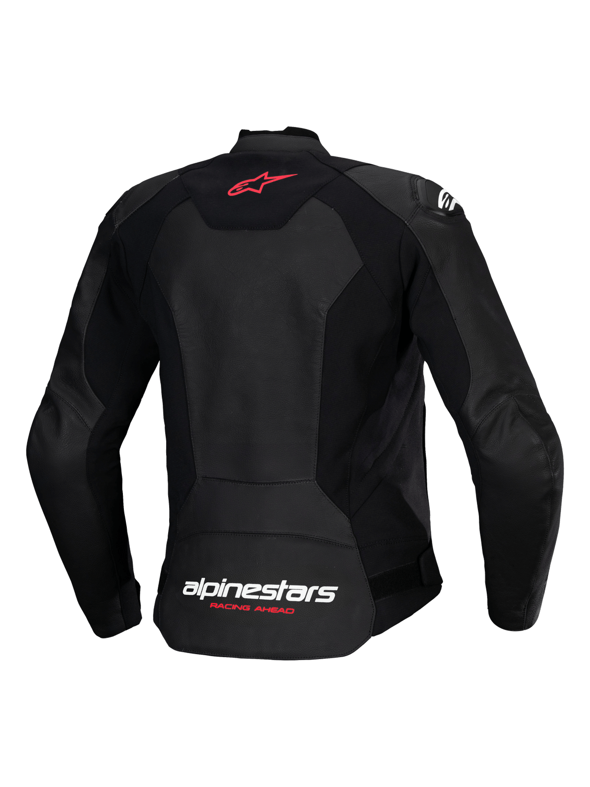 Alpinestars Stella Faster V3 läderjacka, sportig motorcykeljacka för dam, svart, vy bakifrån med röd stjärnlogotyp på övre ryggen och vit Alpinestars-logotyp med texten ”Racing Ahead” i Fluo Coral på nedre ryggen, figursydd dampassform med premiumläder och stretchpaneler