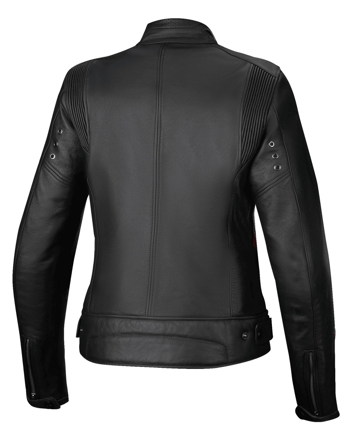 Alpinestars Stella Dyno läderjacka, dammodell av MC-jacka för urban körning, bakifrån, svart med röda detaljer, premium nötläder