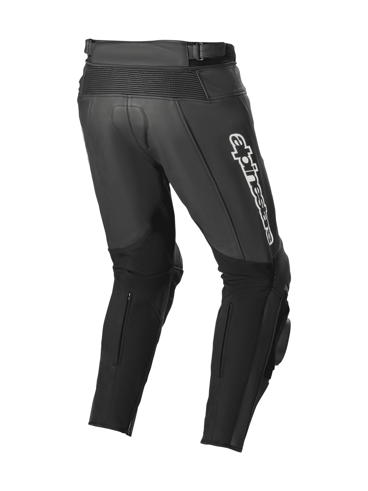 Alpinestars Track V2 läderbyxor, svarta, vy bakifrån som visar dragspelsläderzoner, vit Alpinestars-logotyp på låret, stora stretchpaneler på vaderna och integrerade knäsliders för användning på bana och gata