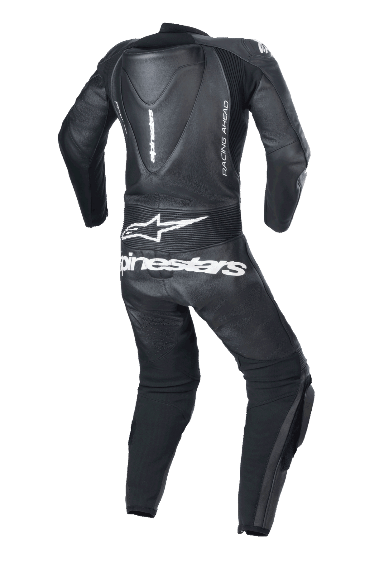 Alpinestars Youth GP Plus V2 endelat skinnställ, svart, vy bakifrån med en aerodynamisk puckel, vit Alpinestars-logotyp och text på nedre delen av ryggen, 'RACING AHEAD'-märkning på sidan och dragspelspaneler i stretch för rörlighet.