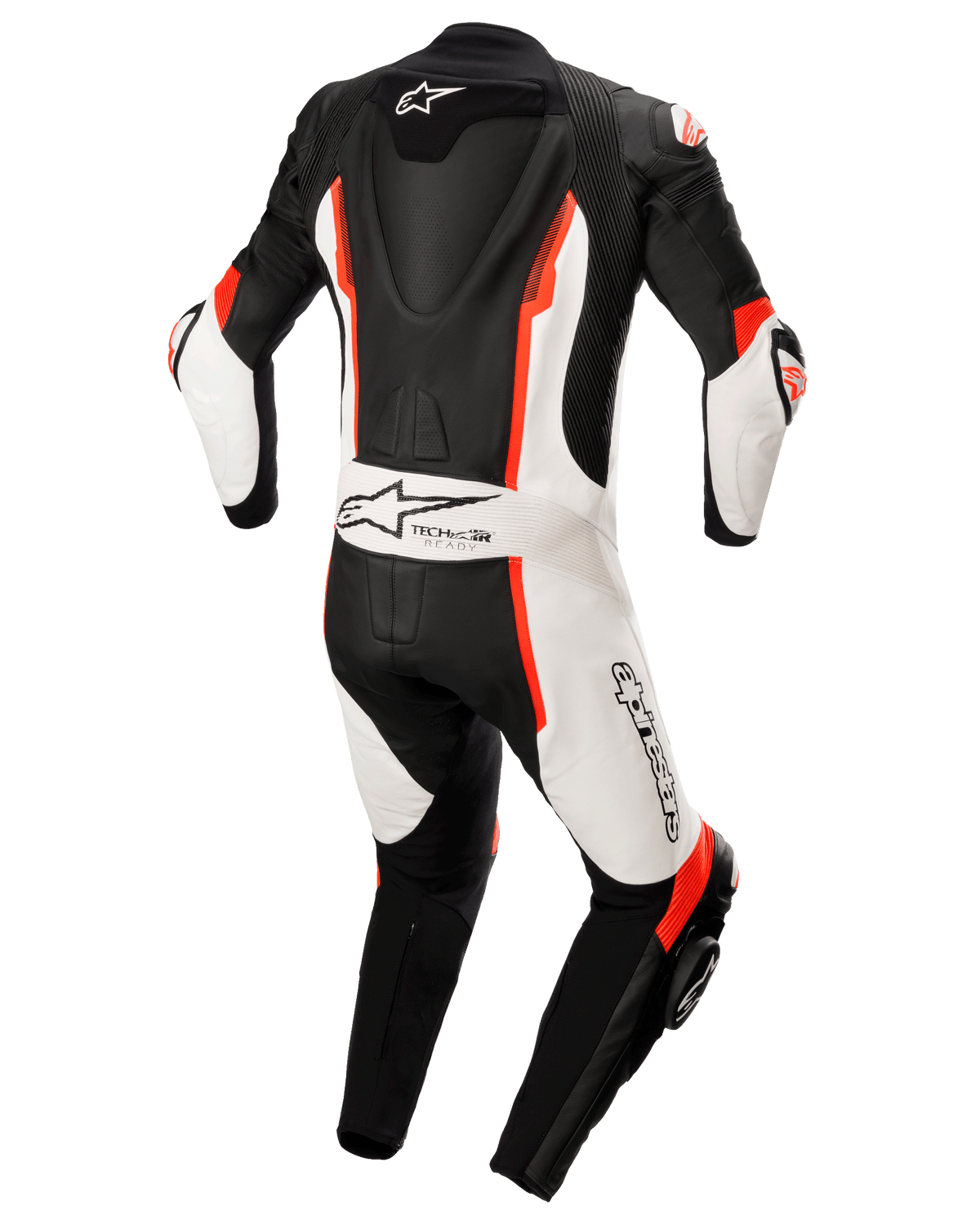 Alpinestars Missile V2 endelat skinnställ, svart, vit och röd fluo, vy bakifrån med aerodynamisk ryggpuckel, Tech-Air Ready-märkning och Alpinestars-logotyp, premium skinnställ för racing