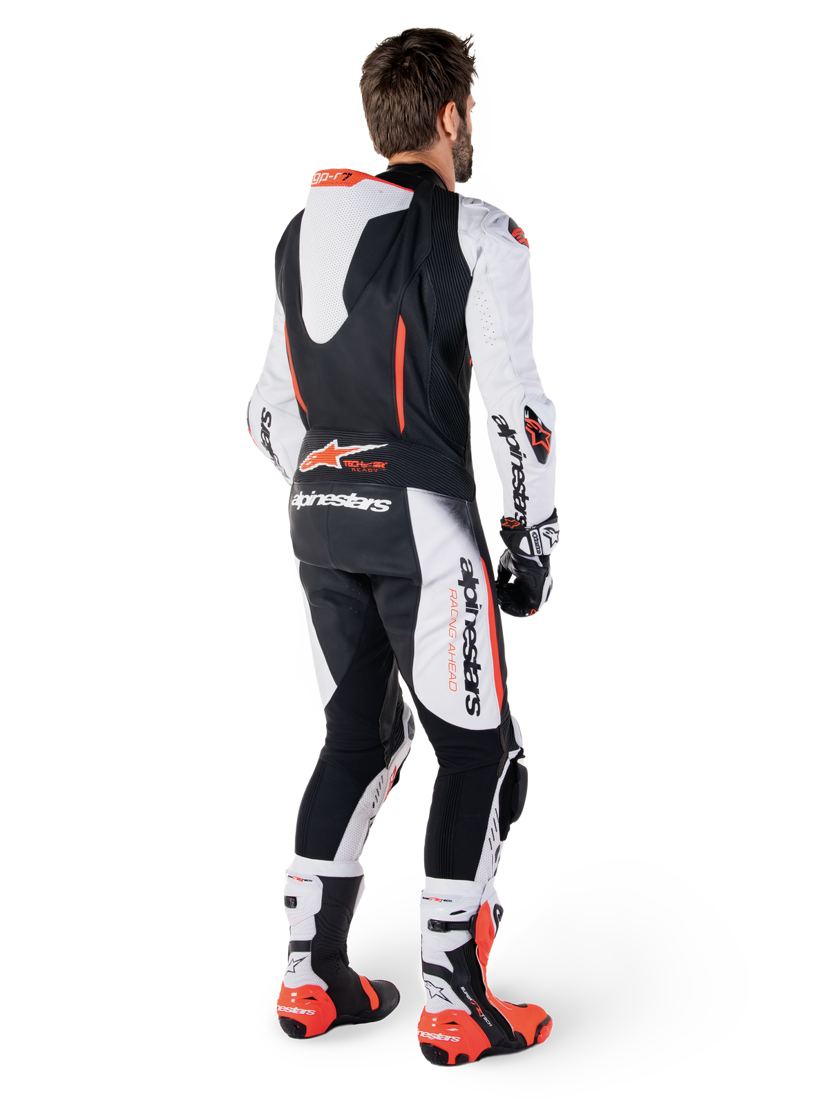 Alpinestars GP-R7 Skinnställ 1-styck, racingoverall för herr, vit och svart, med aerodynamisk puckel bak