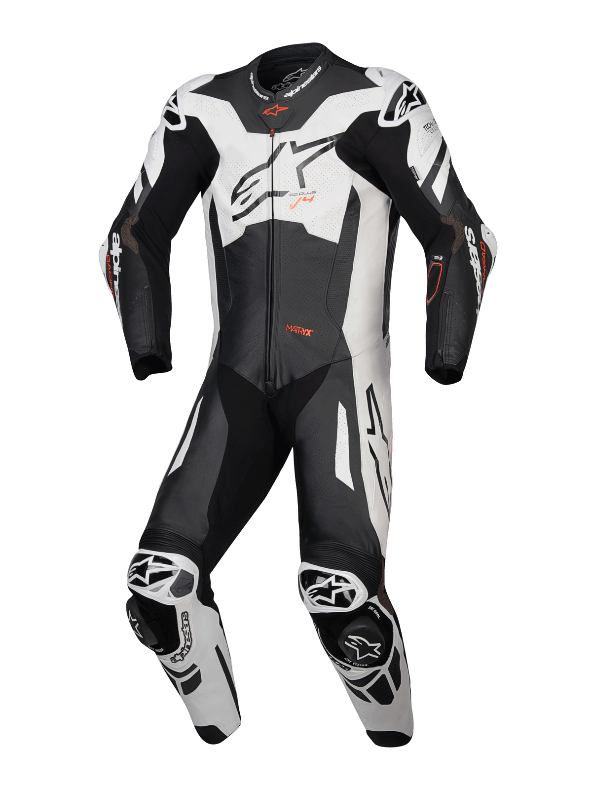 Alpinestars GP Plus V4 Sprint skinnställ 1-styck, motorcykelracingställ i svart och vit med röd fluo, Tech-Air®-redo, perforerat premiumläder, aerodynamisk puckel, CE-certifierat AAA.