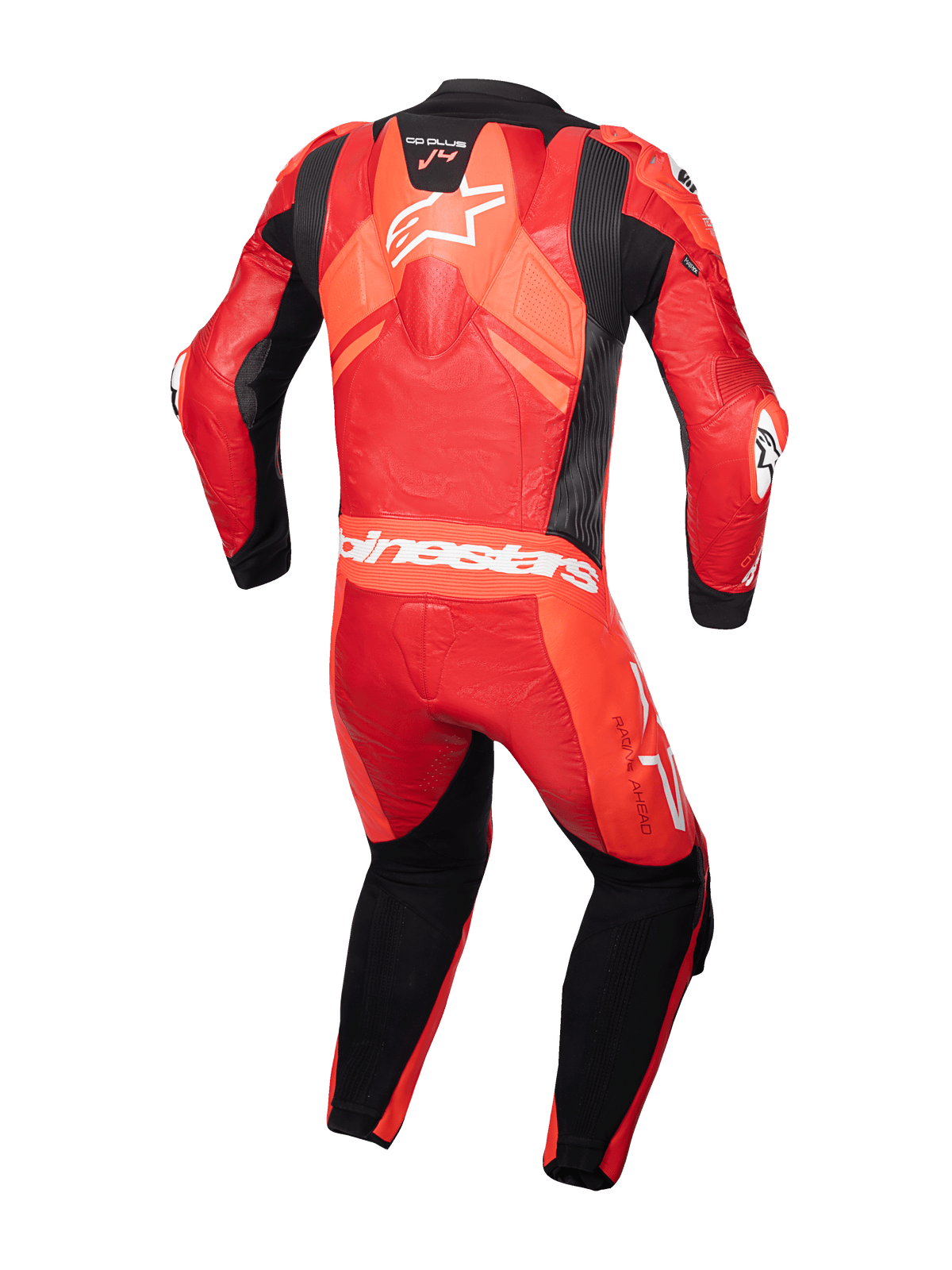 Alpinestars GP Plus V4 Sprint Leather Suit, 1 Piece Racing Suit, Men's, Red Fluo and Black, with aerodynamic hump.
