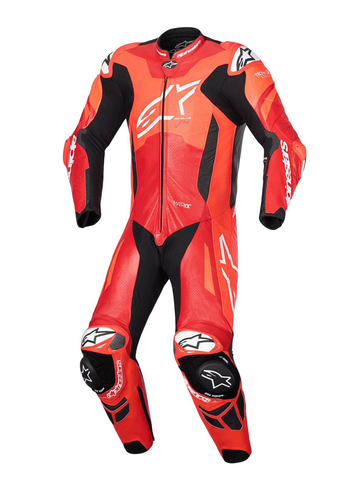 Alpinestars GP Plus V4 Sprint 1PC Leather Suit, Men's Motorcycle Racing Suit in Red Fluo and White, Perforated Leather.
