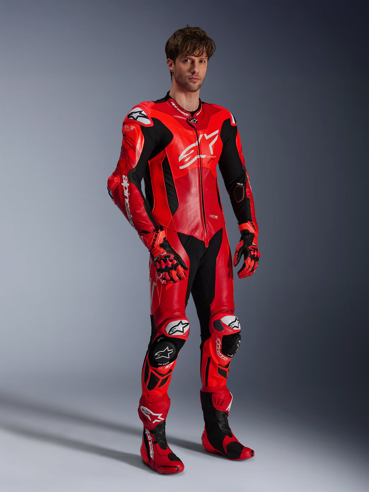 Alpinestars GP Plus V4 Sprint 1 Piece Leather Suit, red and white men's racing suit with Tech-Air ready protection.