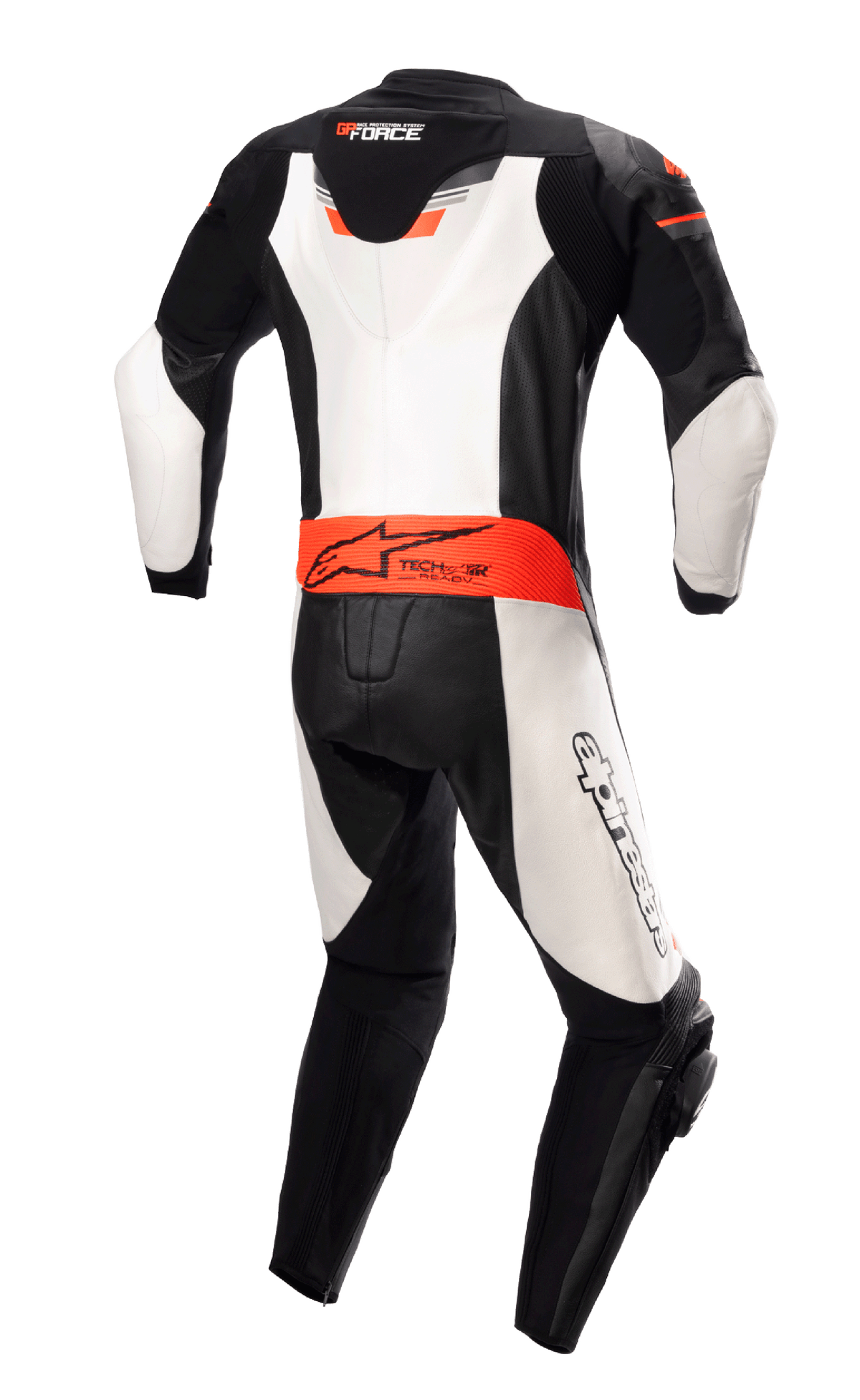 Alpinestars GP Force Chaser skinnställ, sedd bakifrån, svart, vit och fluorescerande röd, med aerodynamisk ryggpuckel, Tech-Air Ready-märkning i midjan och vita läderpaneler, professionellt racingställ i nötläder