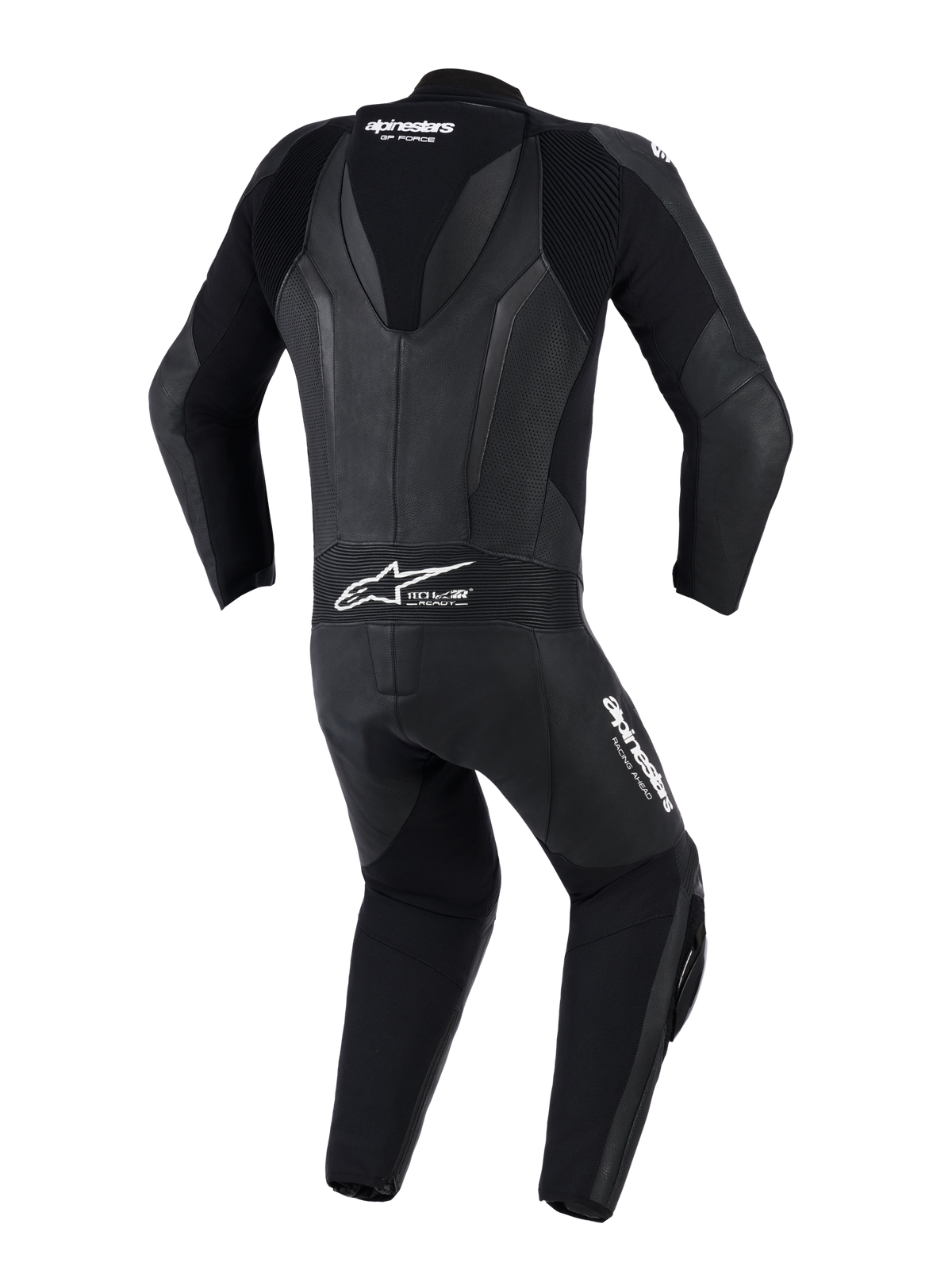Alpinestars GP Force V2 Leather Suit - 1Piece, Black, Rear view featuring aerodynamic speed hump, perforated leather panels, and accordion stretch zones on shoulders and lower back, Tech-Air Ready logo, professional track and sport riding gear
