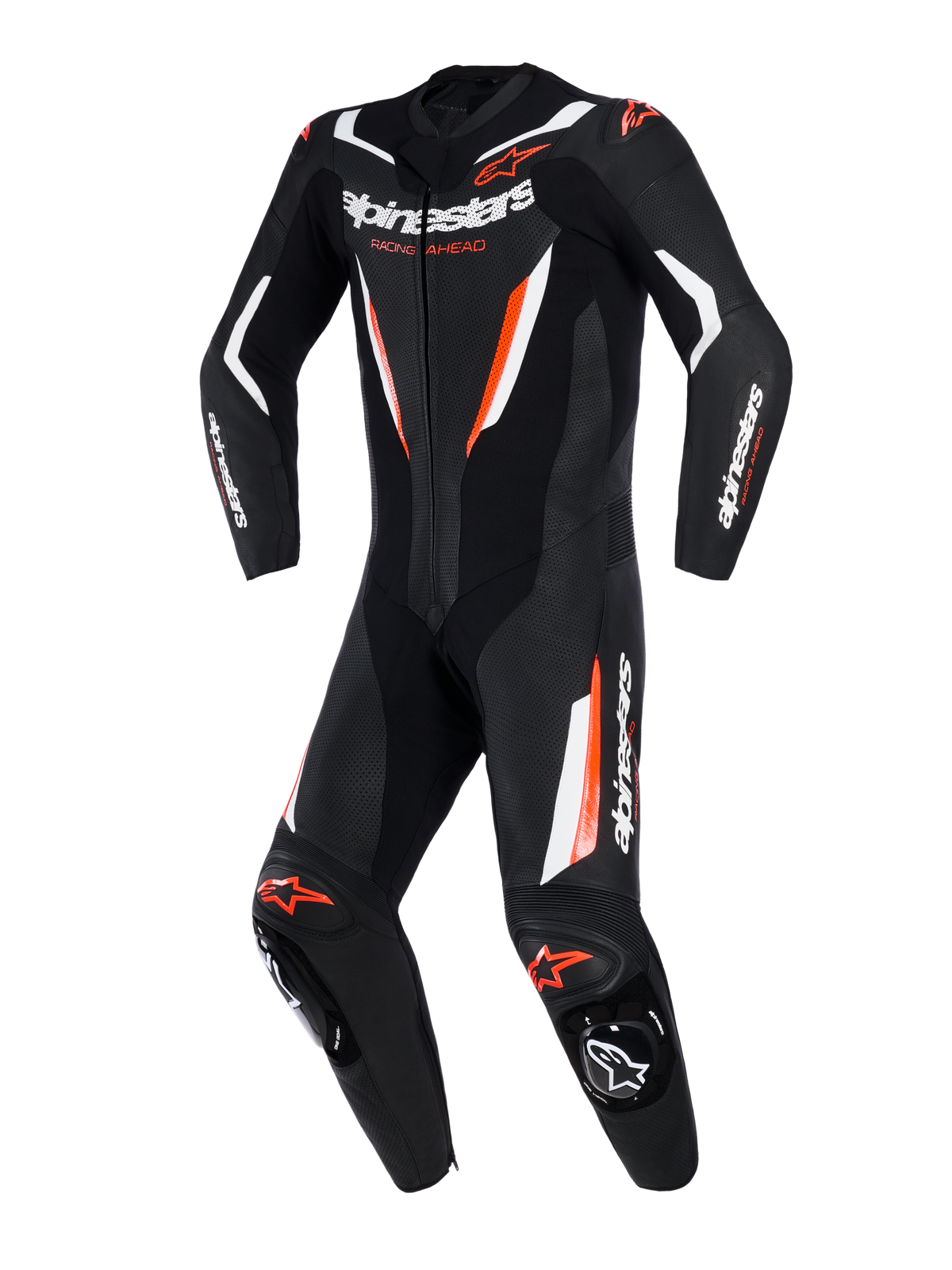 Alpinestars GP Force V2 Leather Suit, 1-Piece Motorcycle Racing Suit, Black White and Red Fluo, featuring perforated leather panels, white and fluorescent red accents, Alpinestars branding on chest and sleeves, professional track-ready design.