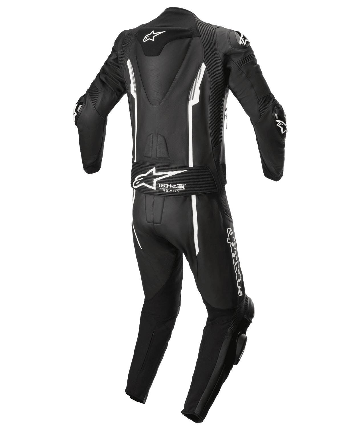 Alpinestars Missile V2 2-delat skinnställ, racingställ för motorcykel, svart och vitt, vy bakifrån med aerodynamisk puckel, Tech-Air®-förberedd stretchpanel, vita linjära detaljer och Alpinestars-logotyp på ländryggen och benet