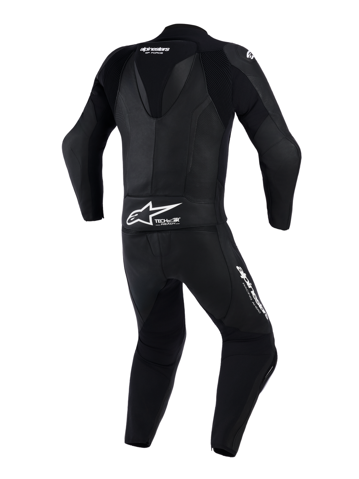 Alpinestars GP Force V2 2-Piece Leather Suit, Motorcycle Suit, Black, Back view featuring aerodynamic speed hump and perforated leather panels, Alpinestars branding and Tech-Air Ready logo on lower back, engineered for high-performance track riding