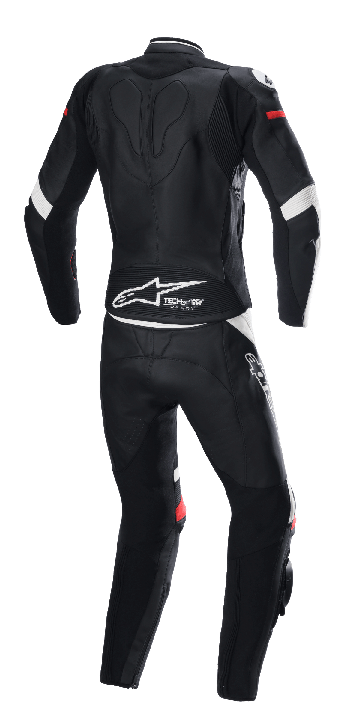 Alpinestars Stella GP Plus 2-delat skinnställ, svart, vit och klarröd, vy bakifrån, med Tech-Air Ready-märkning och Alpinestars-logotyp på nedre ryggen, ergonomiskt skyddsställ med stretchpaneler för motorcykelracing.