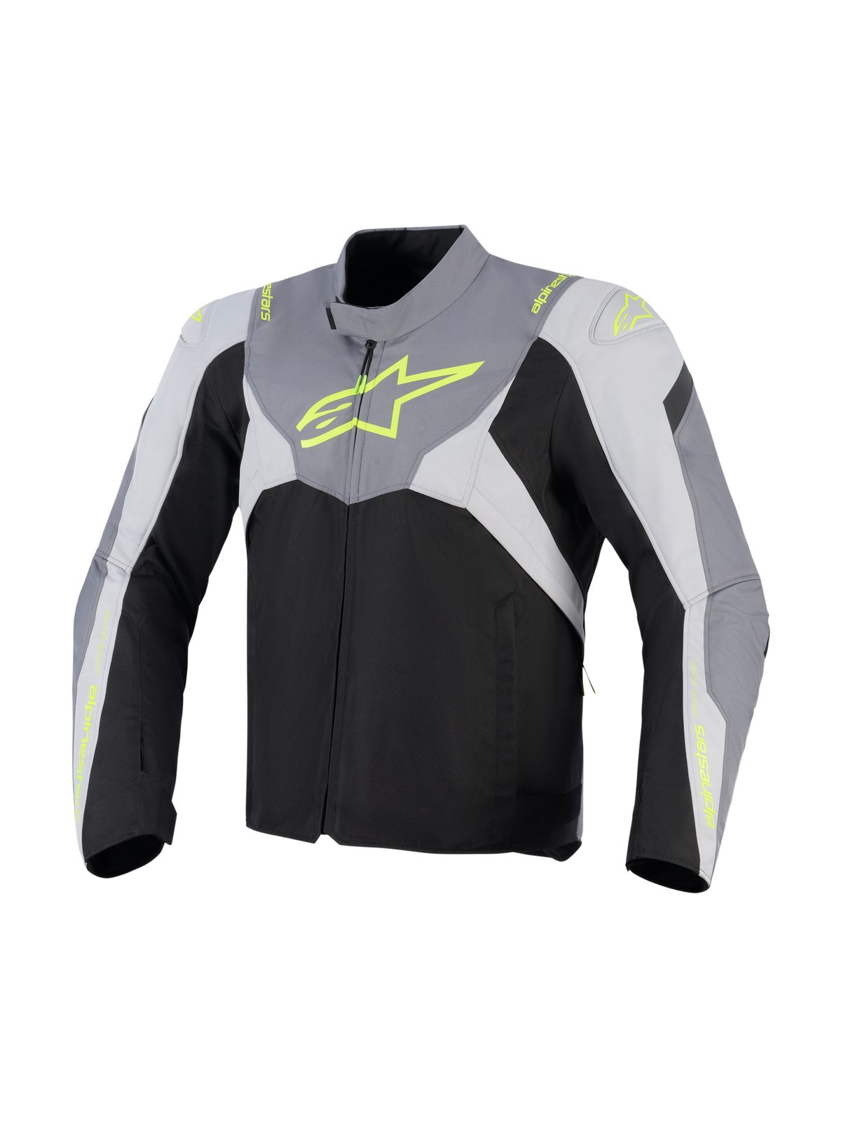 Alpinestars T-Jaws V4 Waterproof Jacket, motorcykeljacka i textil, svart, isgrå och mörkgrå med fluorescerande gul branding, med en stor neongul logotyp på bröstet och skyddande axelpaneler