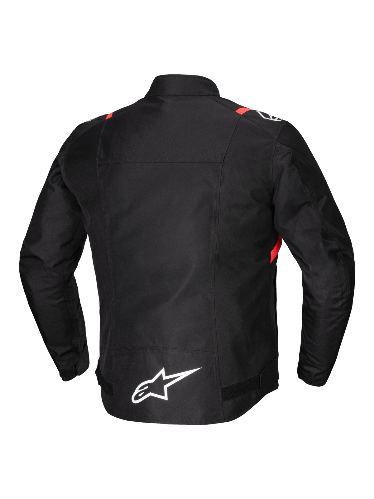 Alpinestars T-SPS V2 Vattentät Jacka, mc-jacka i textil, baksida, svart med vita och röda fluo-detaljer, reflekterande element och förlängd rygg