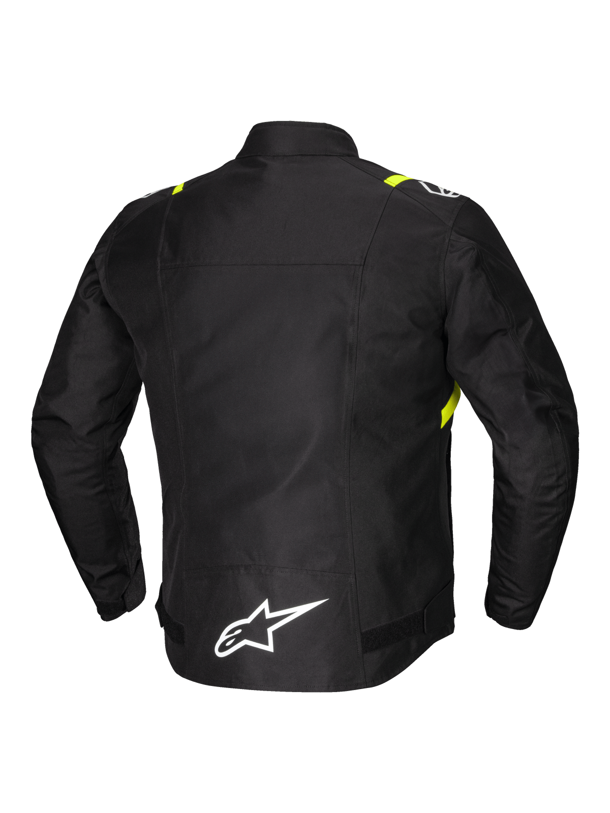 Alpinestars T-SPS V2 Vattentät Jacka, herrmotorcykeljacka i textil, baksida som visar reflexdetaljer och vit logotyp på förlängd nedre rygg, svart med vita och gula fluo-detaljer