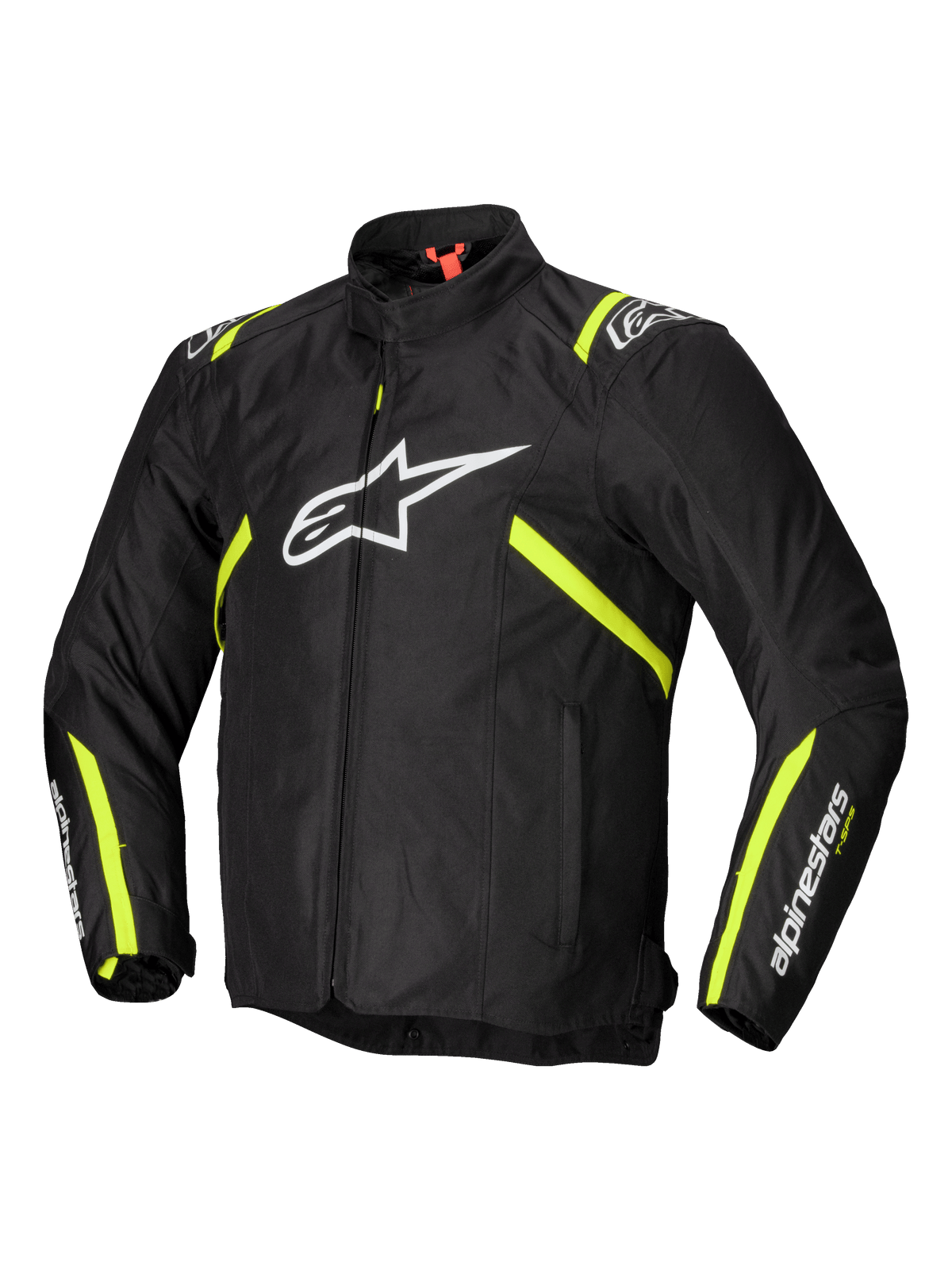 Alpinestars T-SPS V2 Vattentät Jacka, herrmotorcykeljacka i textil, svart med vita och gula flurodetaljer, CE-certifierat skydd