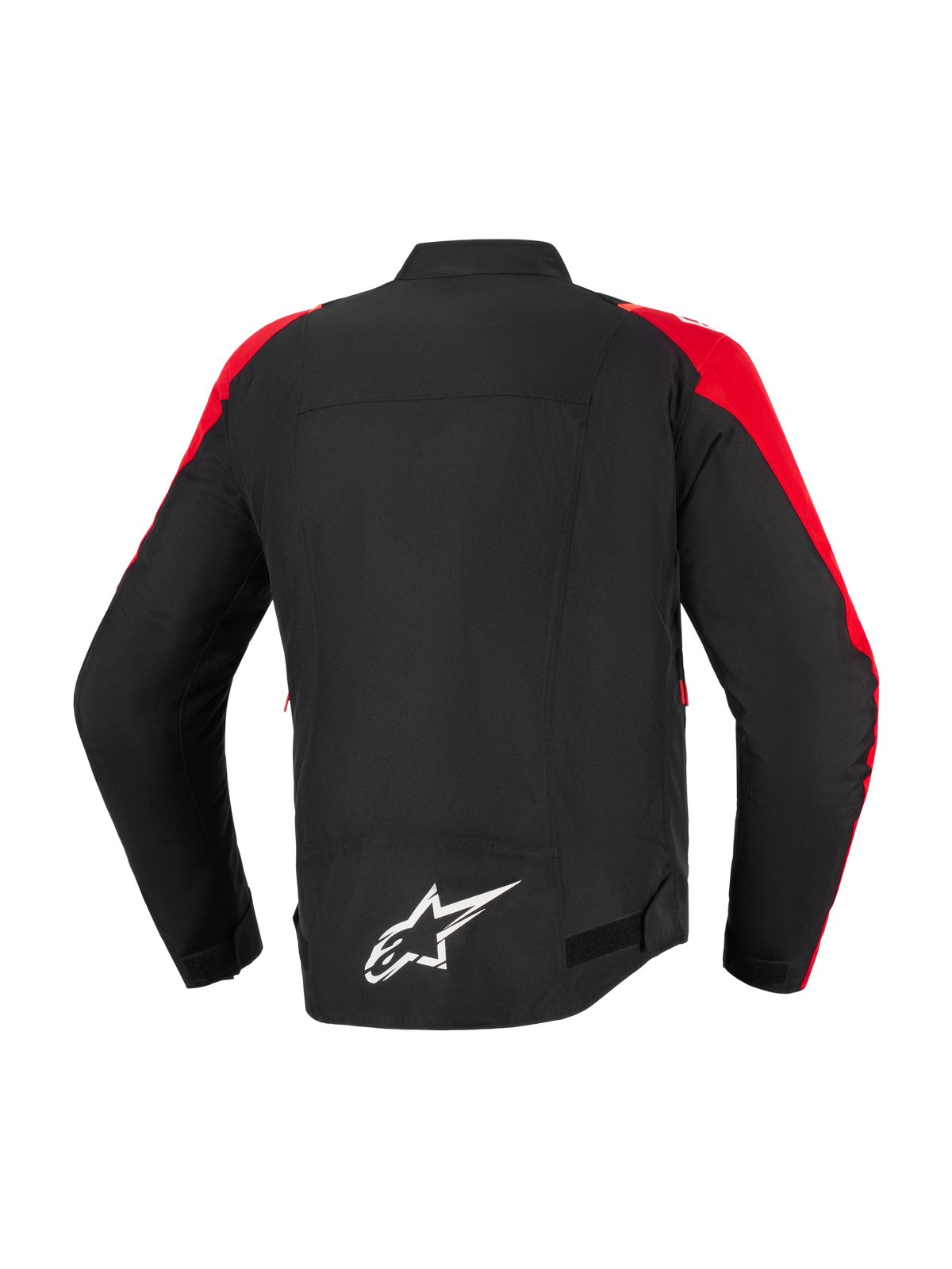 Alpinestars T-SPS V2 Waterproof-jacka, motorcykeljacka, svart med röda detaljer, ryggvy med en vit Alpinestars-logotyp på nedre delen av ryggen, sportig textildesign för stads- och landsvägskörning