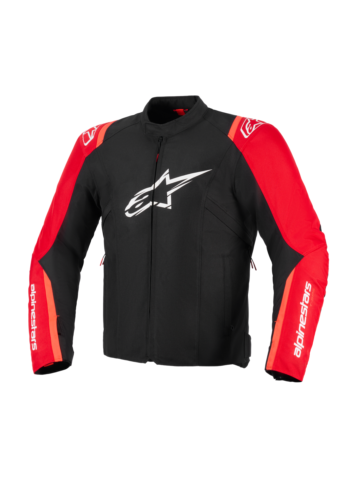 Alpinestars T-SPS V2 Waterproof Jacket, svart och röd fluo, textiljacka för motorcykel, med vit Alpinestars-stjärnlogotyp på bröstet och vit branding på ärmarna, sportig skärning och racinginspirerad design