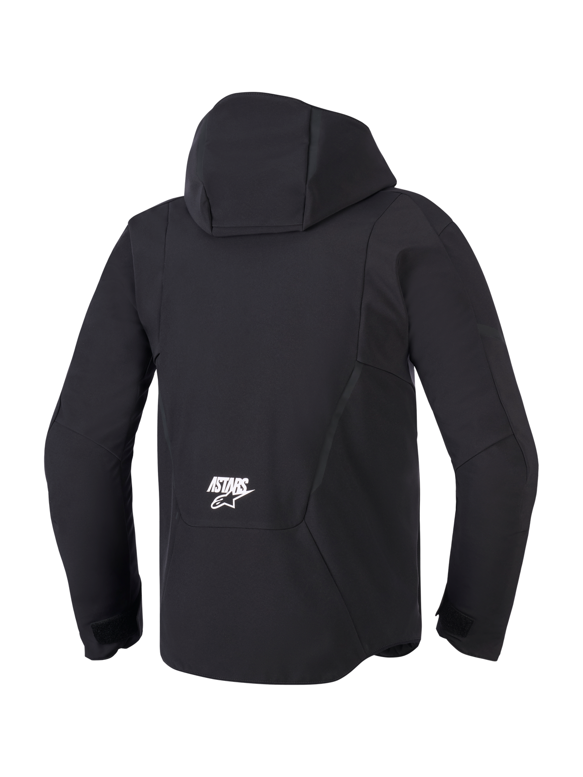 Alpinestars Aeroshell vattentät herrmotorcykeljacka, svart softshell, vy bakifrån med huva och vit ASTARS-logotyp.