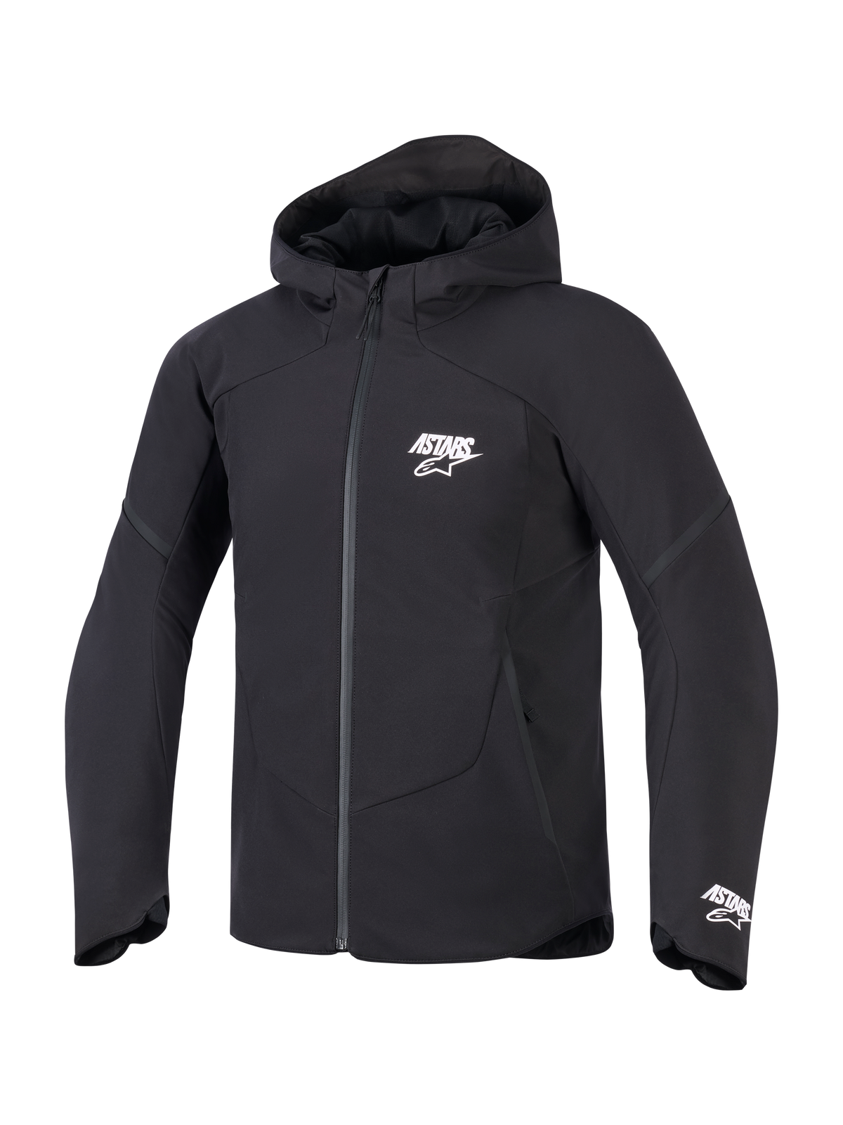Alpinestars Aeroshell vattentät jacka, svart MC-jacka med huva för herr, vita ASTARS-logotyper, stretchigt softshell-material