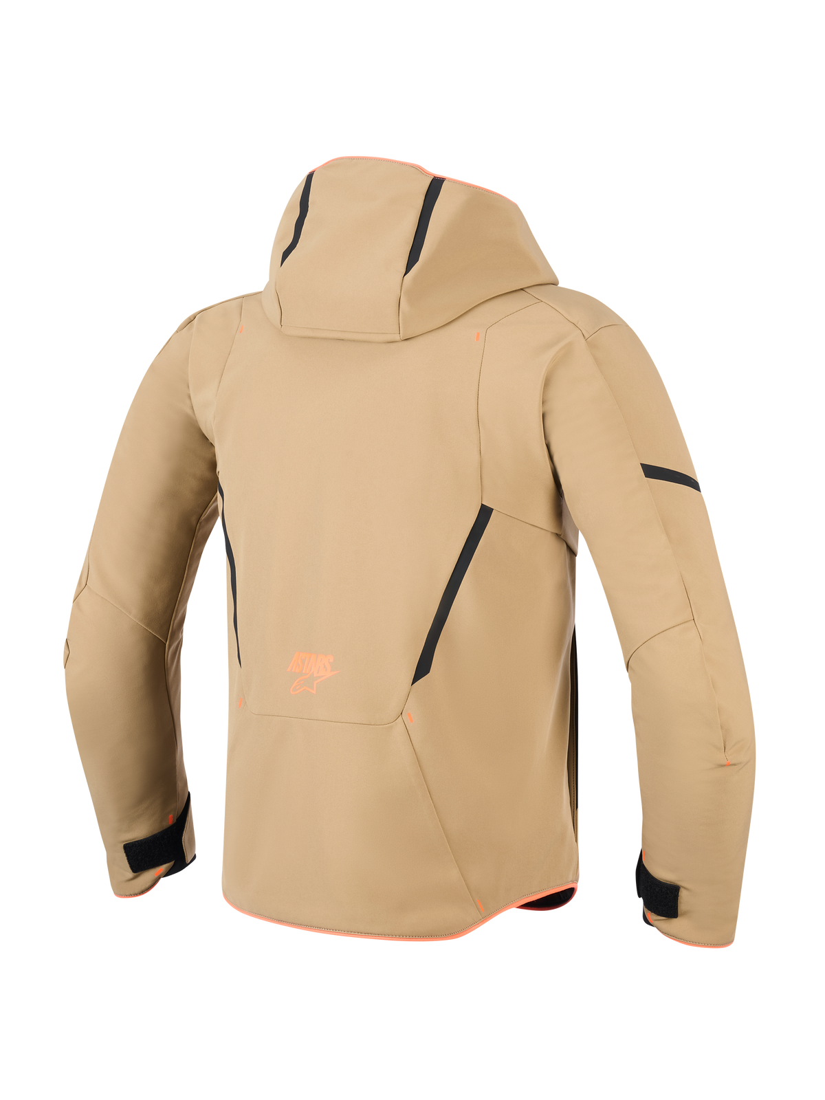 Alpinestars Aeroshell Waterproof Jacket, baksida, mörkkaki med svarta och neonorange detaljer, med huva, svarta kontrastlinjer och orange logotyp, sportig motorcykelhoodie i softshell