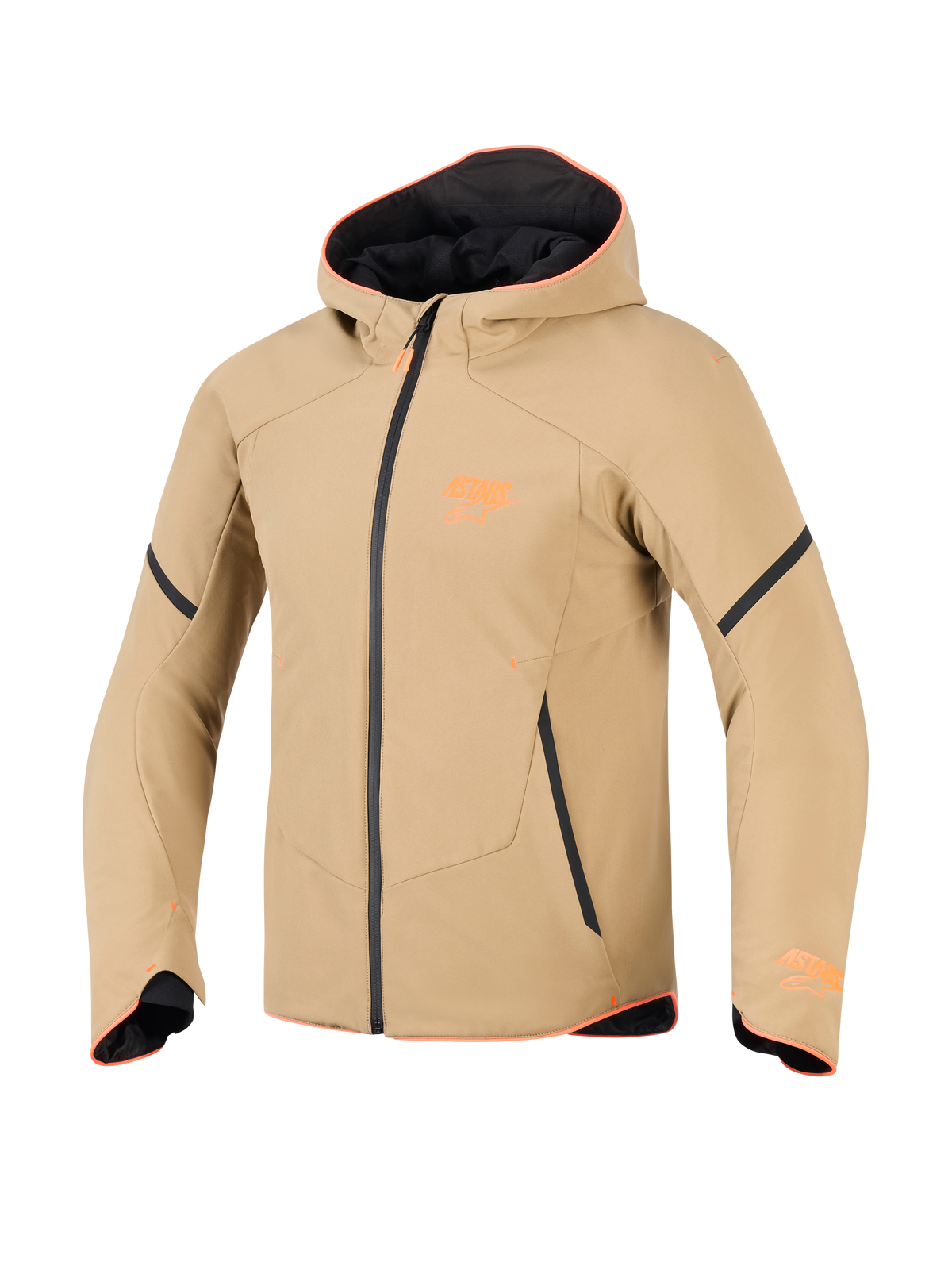 Alpinestars Aeroshell Waterproof Jacket, vattentät jacka i mörk khaki med svarta och fluorescerande orange detaljer, sportig softshell-hoodie-stil, teknisk motorcykelutrustning med orange kantband och logotyp på bröstet