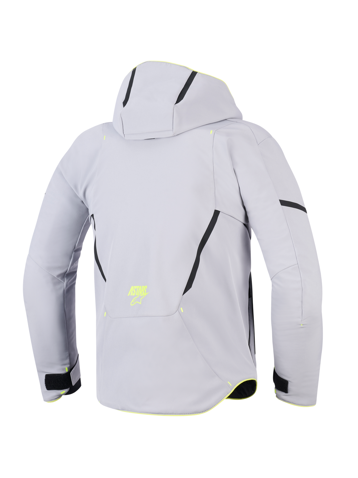 Alpinestars Aeroshell Waterproof Jacket, Mid Gray Yellow Fluo, baksida av en motorcykeljacka med huva, ljusgrå softshell-textil med svarta diagonala detaljer, neongul ASTARS-logotyp på nedre ryggen, modern sportfokuserad design.