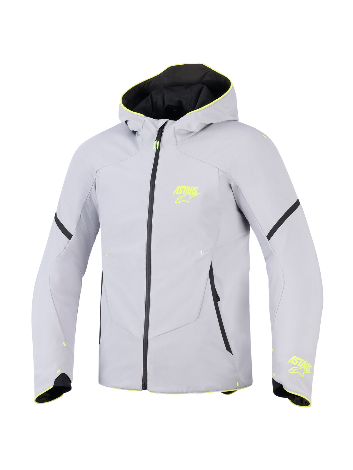 Alpinestars Aeroshell Waterproof Jacket, mellangrå och neongul, sportig softshelljacka för motorcykel med huva, neongula ASTARS-logotyper, svart vattentät dragkedja och modern atletisk passform.