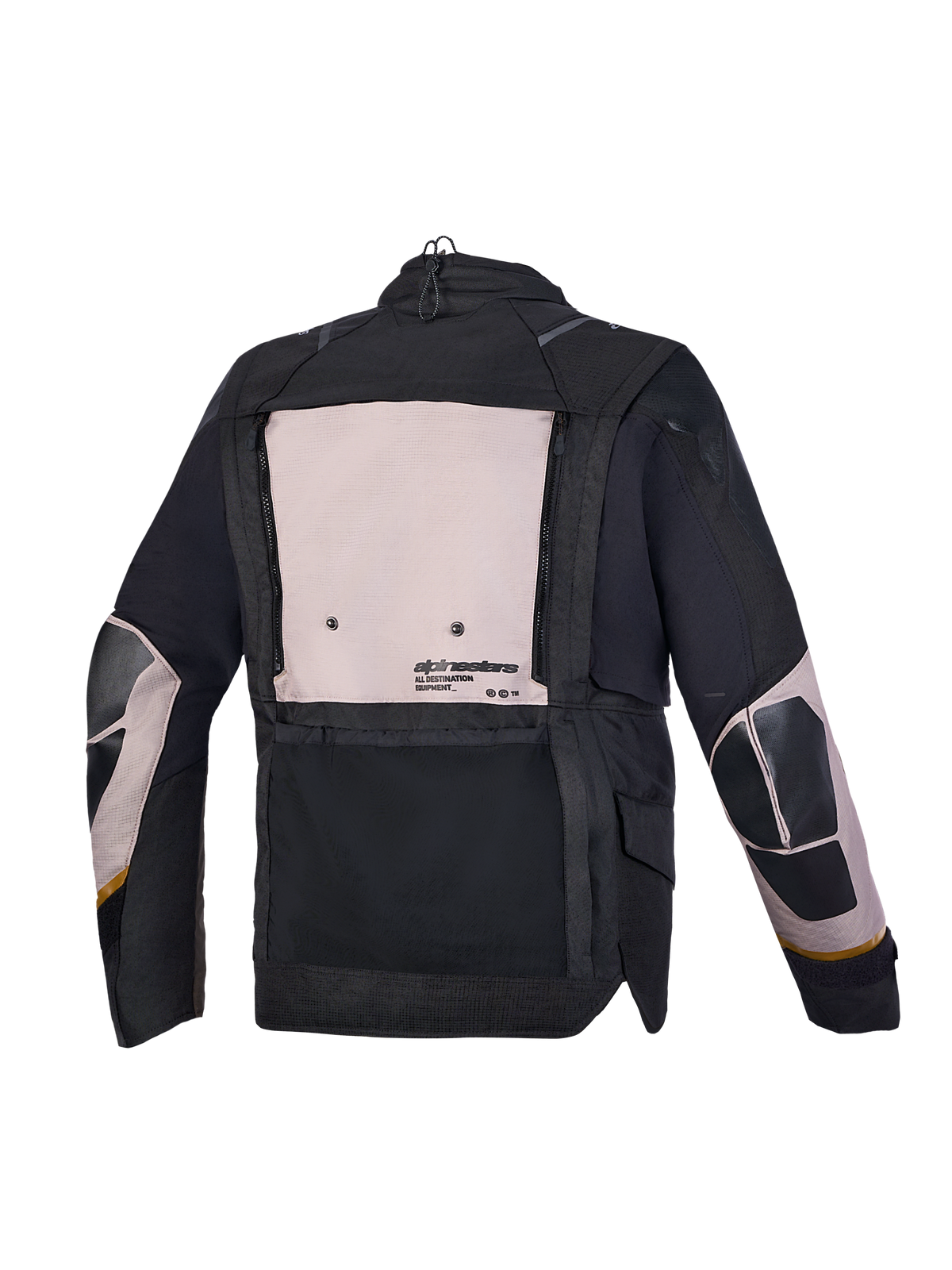 Alpinestars Harok V2 Drystar jacka, äventyrs-MC-jacka, aluminium, valnöt och svart, baksida som visar modulära ventilationspaneler och praktiska förvaringsdetaljer