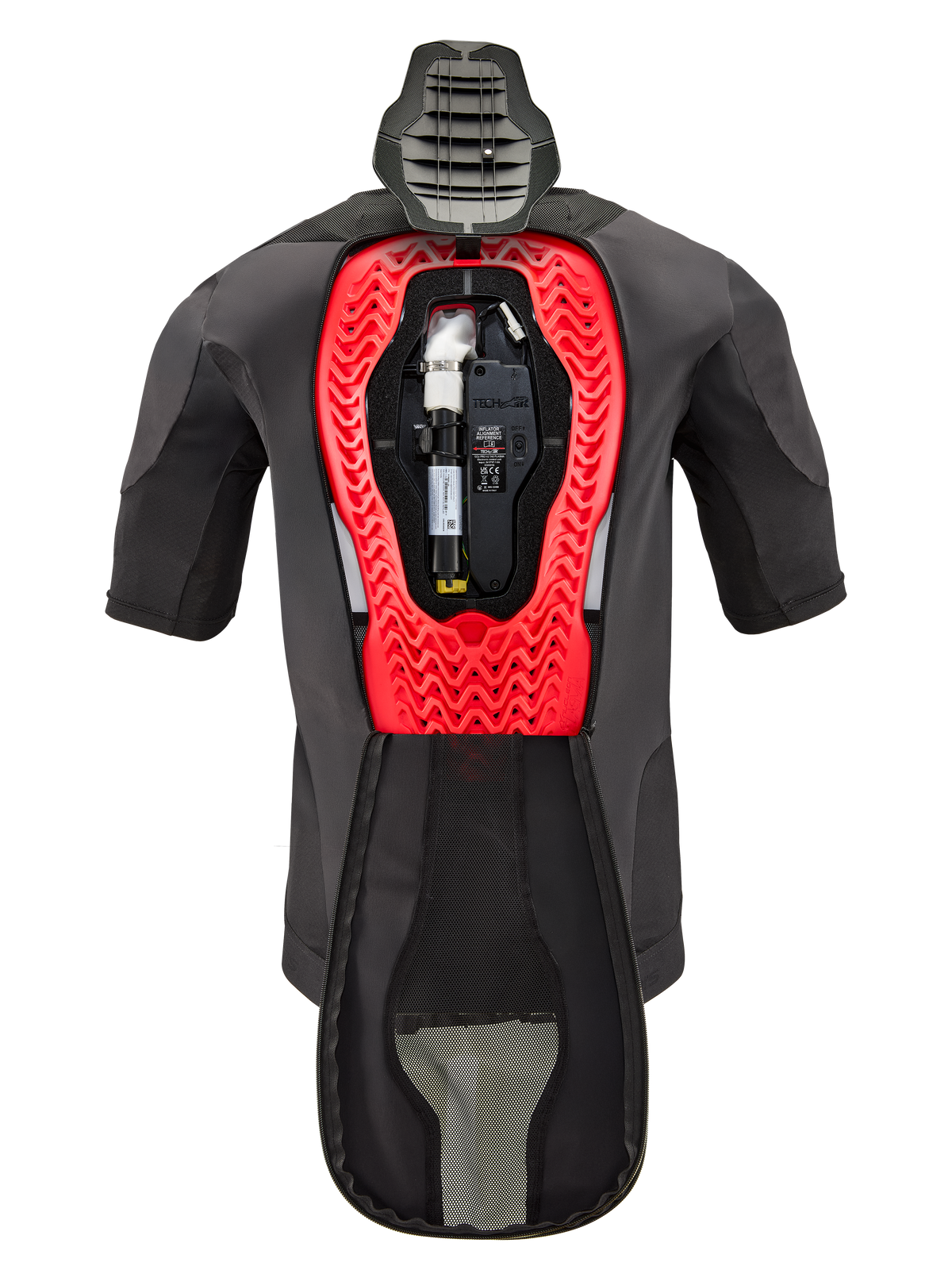 Alpinestars Tech-Air® 5 Plasma reservpatron för airbag, visas inuti en Tech-Air® 5 Plasma-väst, svart plagg med en klar röd invändig bikakestruktur, med argongascylinder och elektronisk enhet, teknisk säkerhetsutrustning för motorcykel.