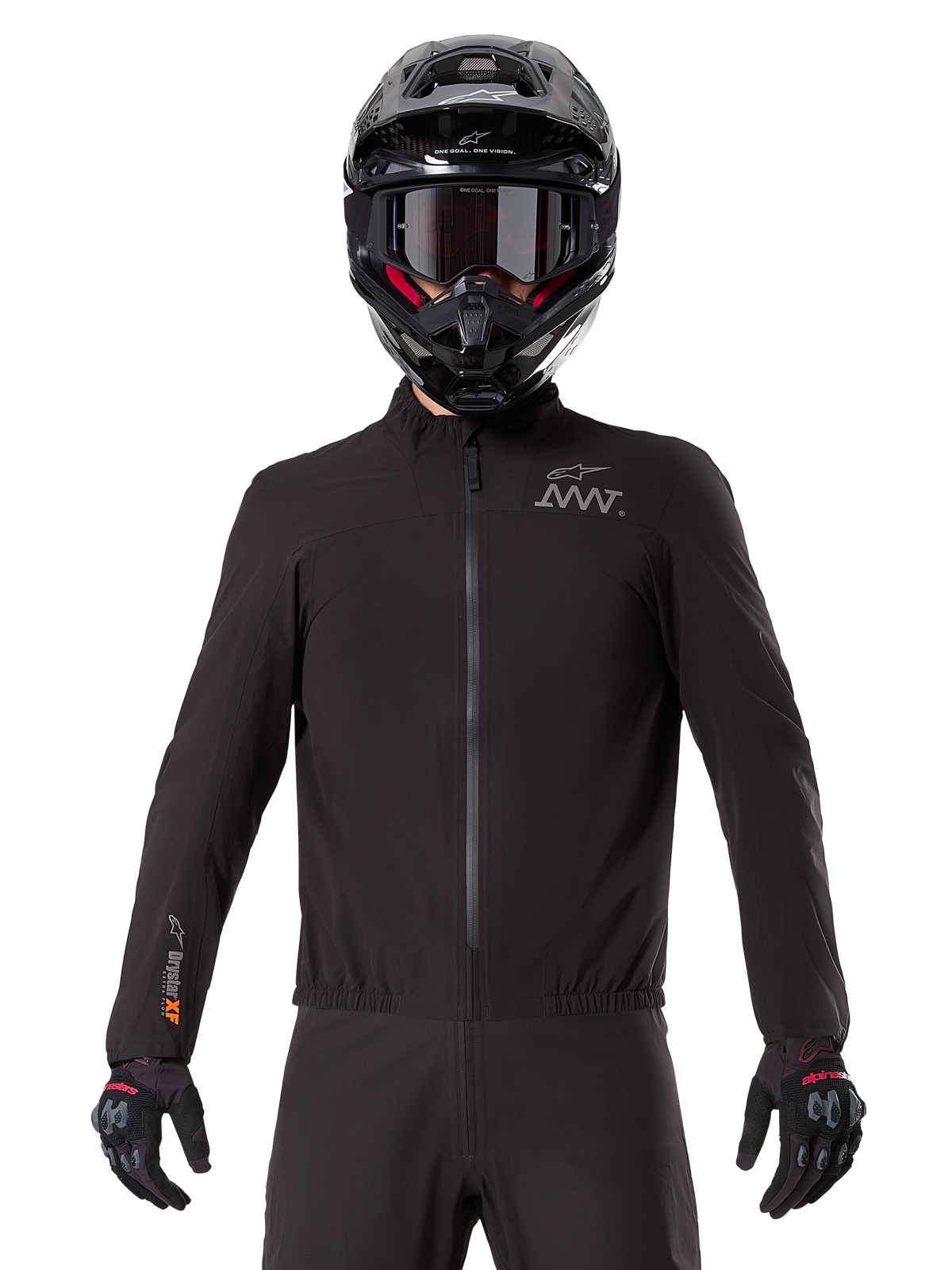 Alpinestars AMT-8 Stretch Drystar® XF Liner, black waterproof motorcycle liner, featuring a front zipper and elasticated waist, AMT logo on the chest and Drystar XF branding on the sleeve, worn with a black helmet and gloves.